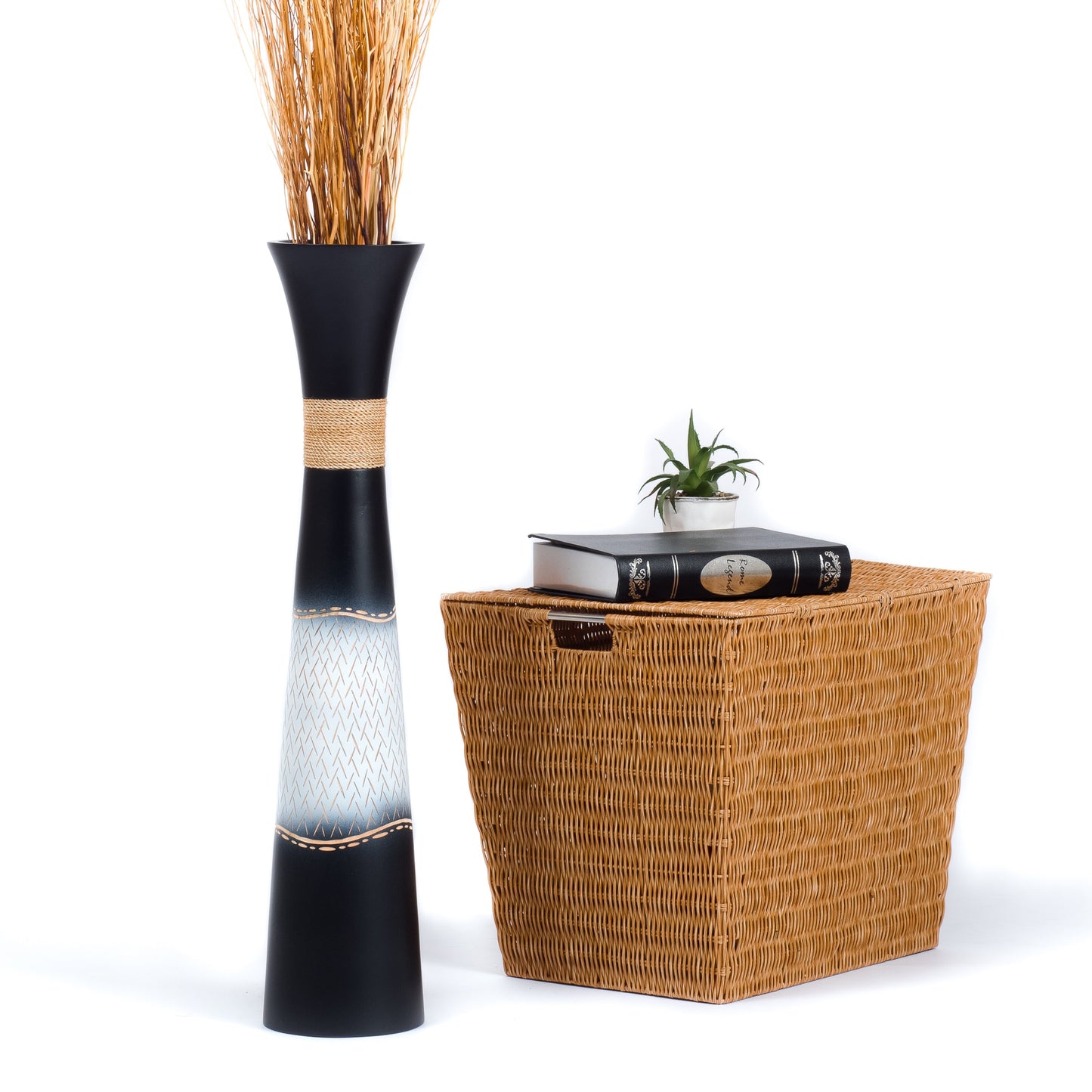 Large Mango Wood Floor Vase – Handcrafted Decorative Highlight from Thailand, black, white, 26 inches