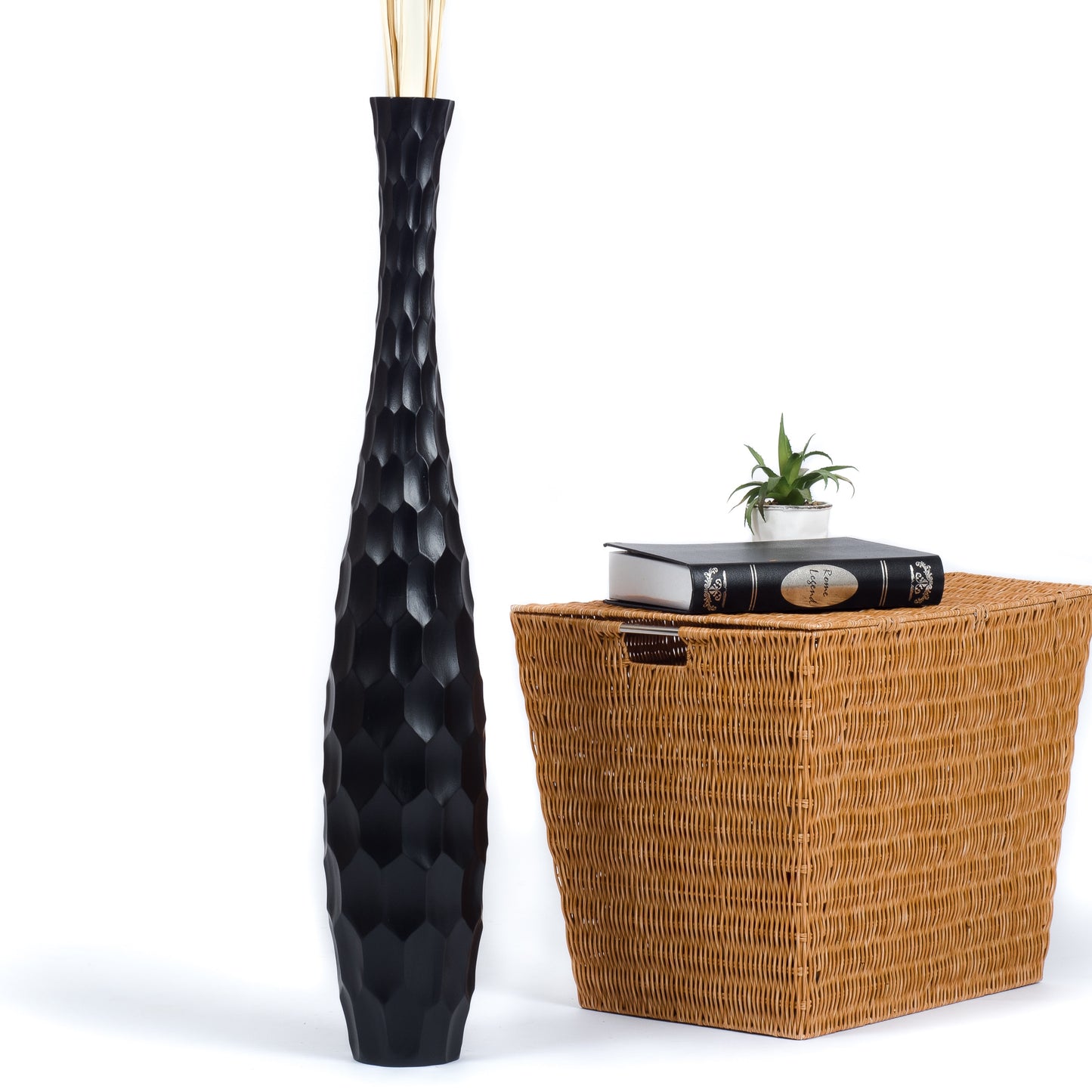 Large Mango Wood Floor Vase – Handcrafted Decorative Highlight from Thailand, black, 34 inches