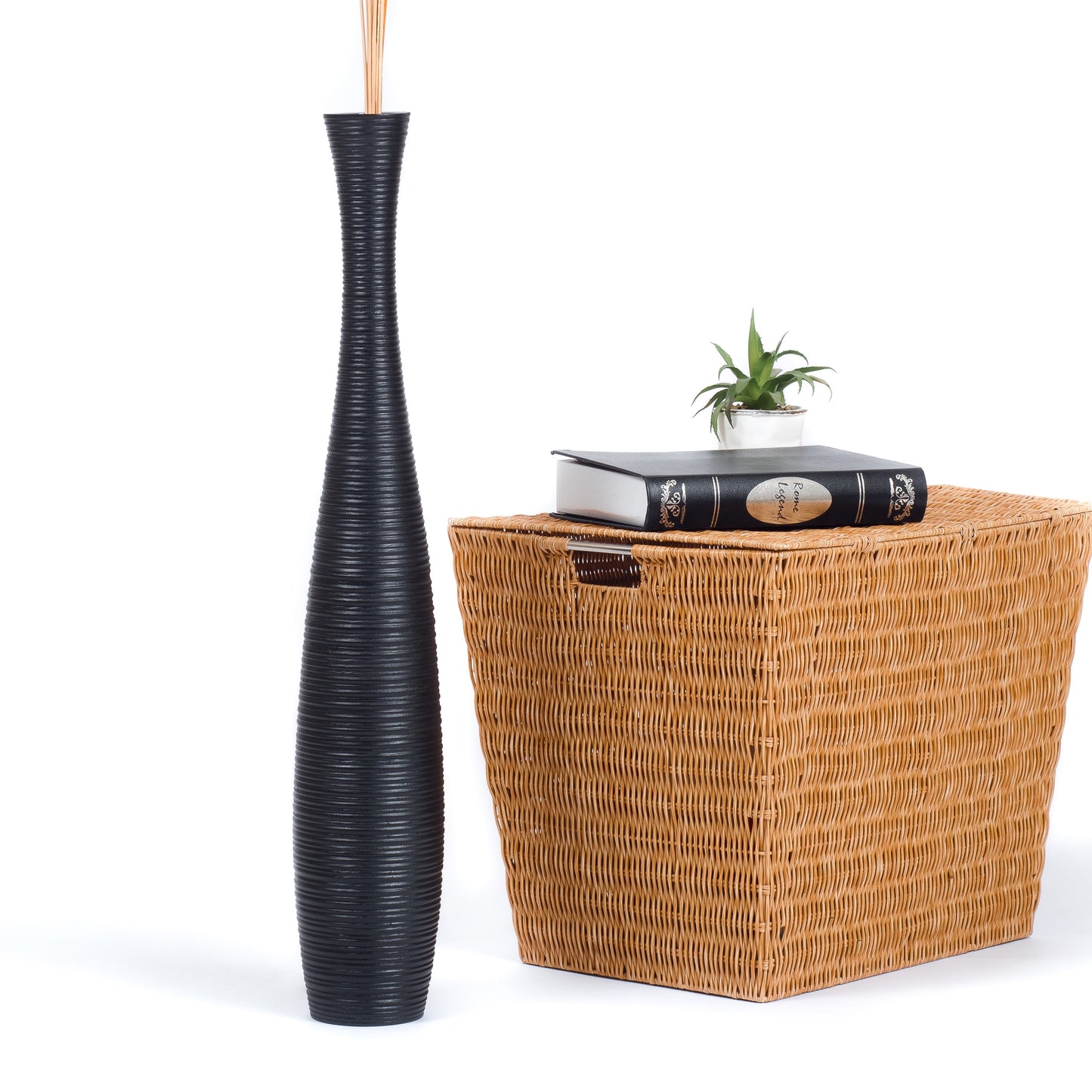 Large Mango Wood Floor Vase – Handcrafted Decorative Highlight from Thailand, black, 26 inches