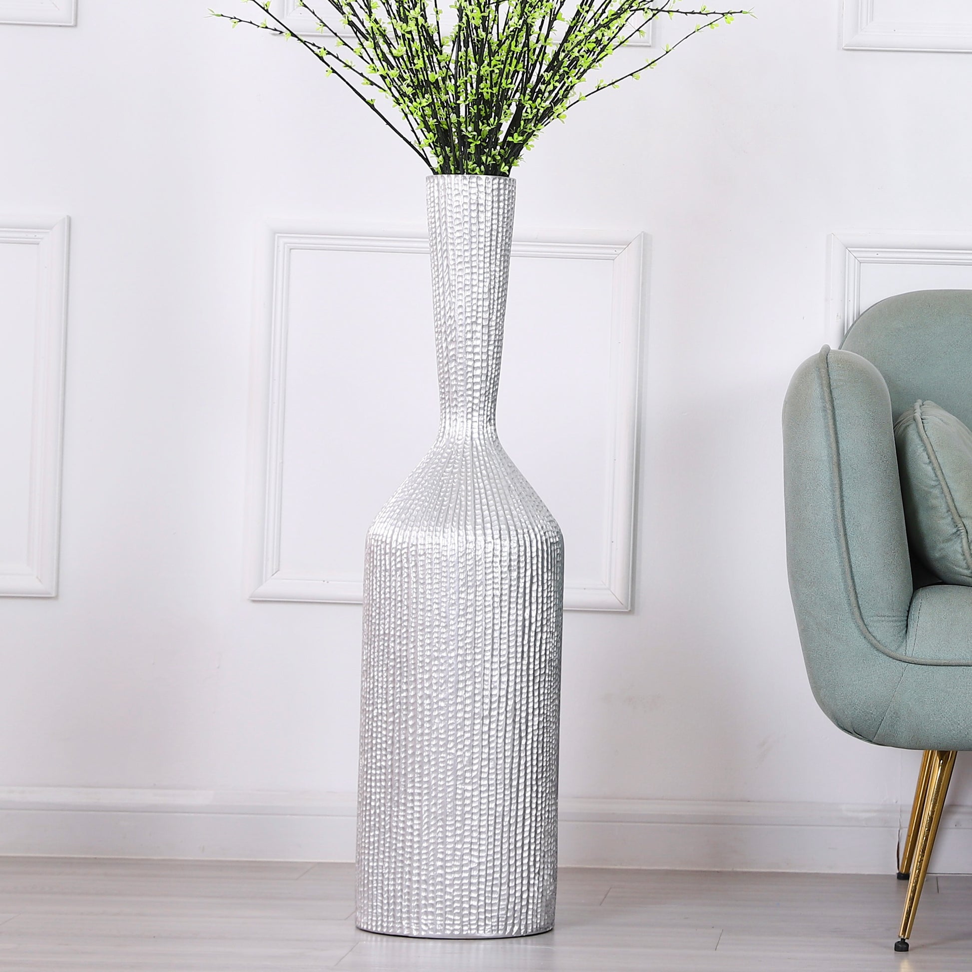 Large Resin Floor Vase – Stylish Waterproof Vase for Fresh & Dried Flowers, silver, 34 inches