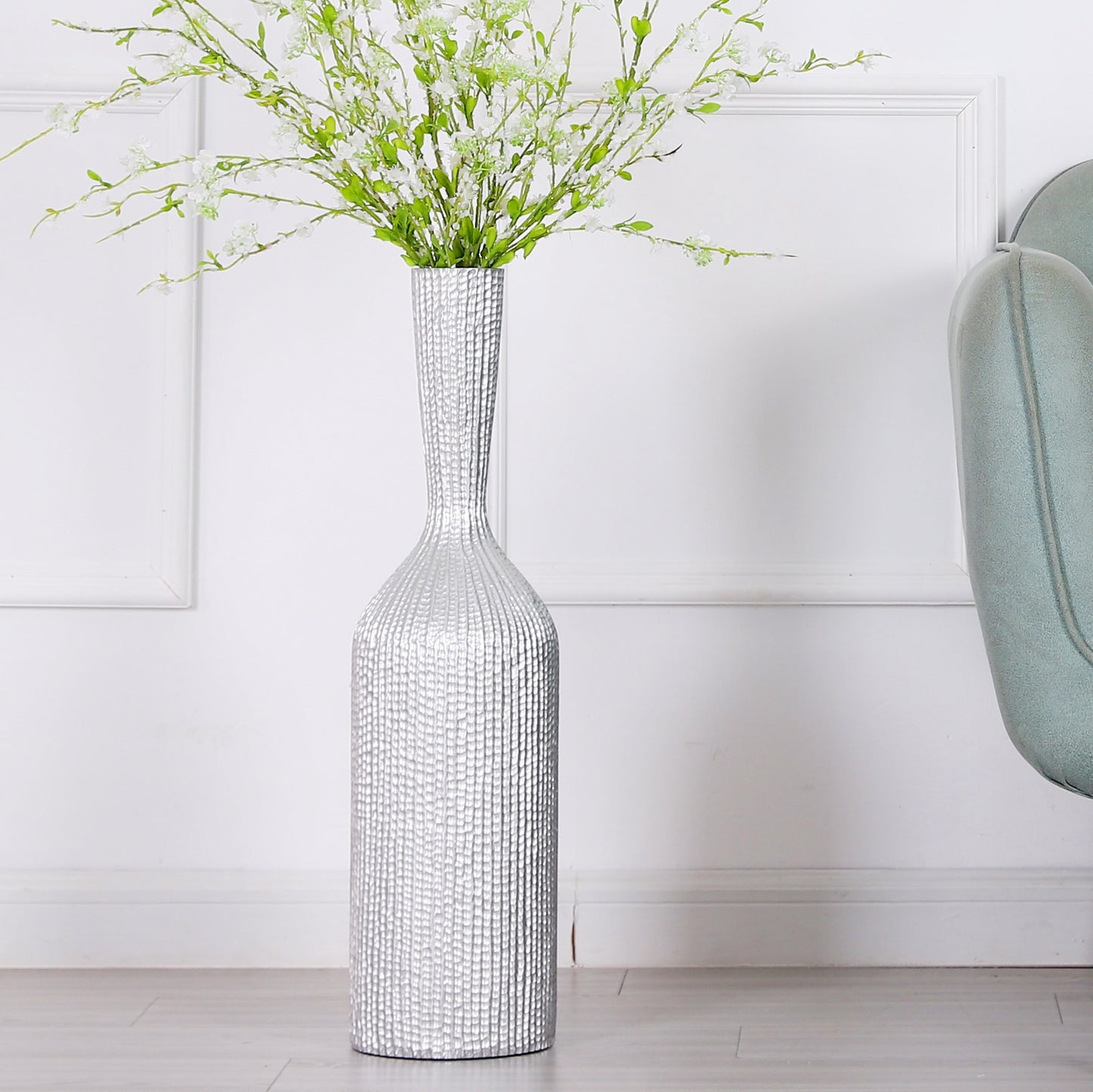 Large Resin Floor Vase – Stylish Waterproof Vase for Fresh & Dried Flowers, silver, 26 inches