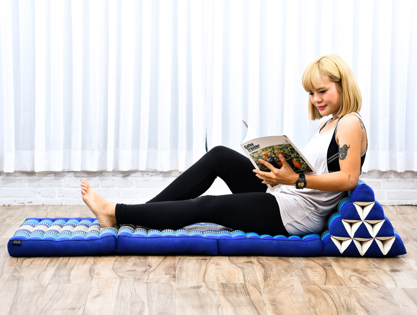 Extra Long Thai Folding Mat with Triangle Cushion – Handmade Kapok Relax Mat with Extended Surface, Sf28 - Blue, 3 seating segments