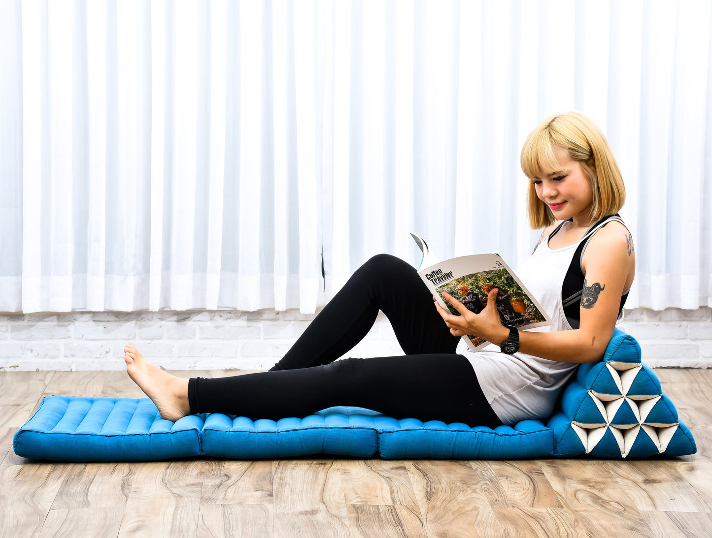 Extra Long Thai Folding Mat with Triangle Cushion – Handmade Kapok Relax Mat with Extended Surface, Cl22 - Light Blue, 3 seating segments