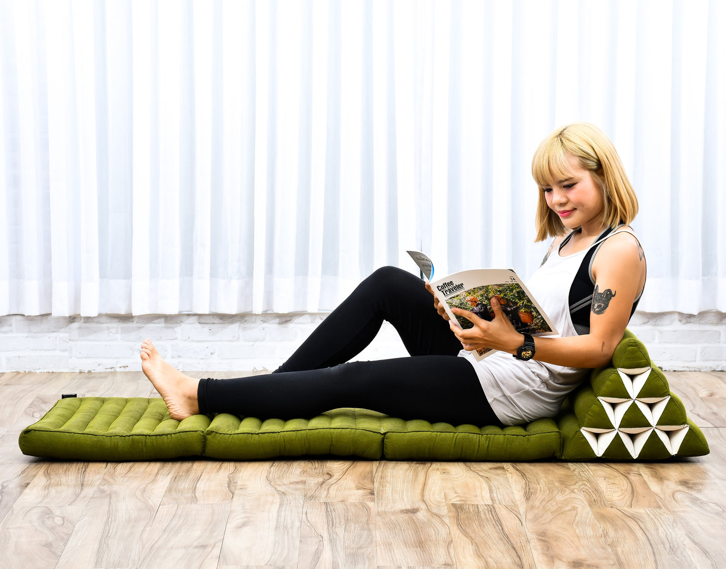 Extra Long Thai Folding Mat with Triangle Cushion – Handmade Kapok Relax Mat with Extended Surface, Cl23 - Green, 3 seating segments
