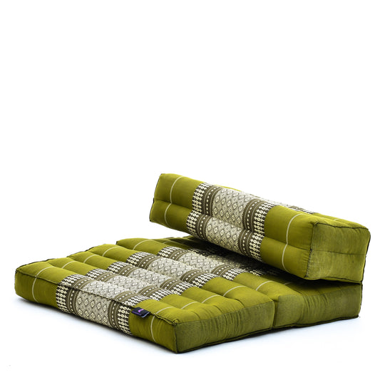Foldable Meditation Cushion – Compact Kapok Seat with Foot Pad and Cotton Cover in Solid Colors or Thai Pattern, Sf17 - Green