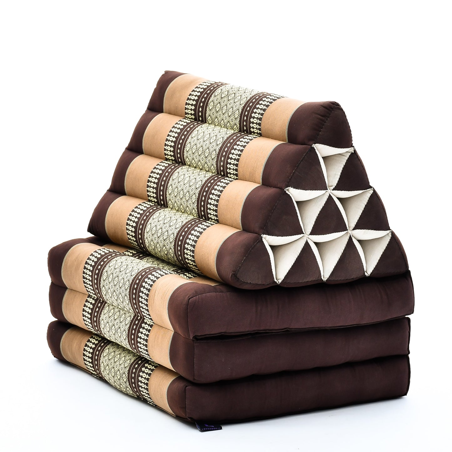 Extra Long Thai Folding Mat with Triangle Cushion – Handmade Kapok Relax Mat with Extended Surface, Sf10 - Brown, 3 seating segments