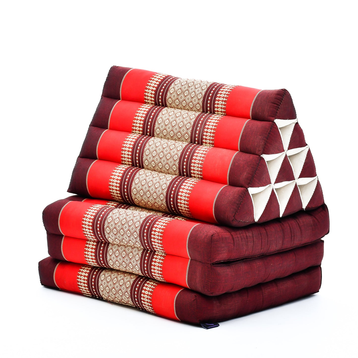 Extra Long Thai Folding Mat with Triangle Cushion – Handmade Kapok Relax Mat with Extended Surface, Sf24 - Red, Brown, 3 seating segments