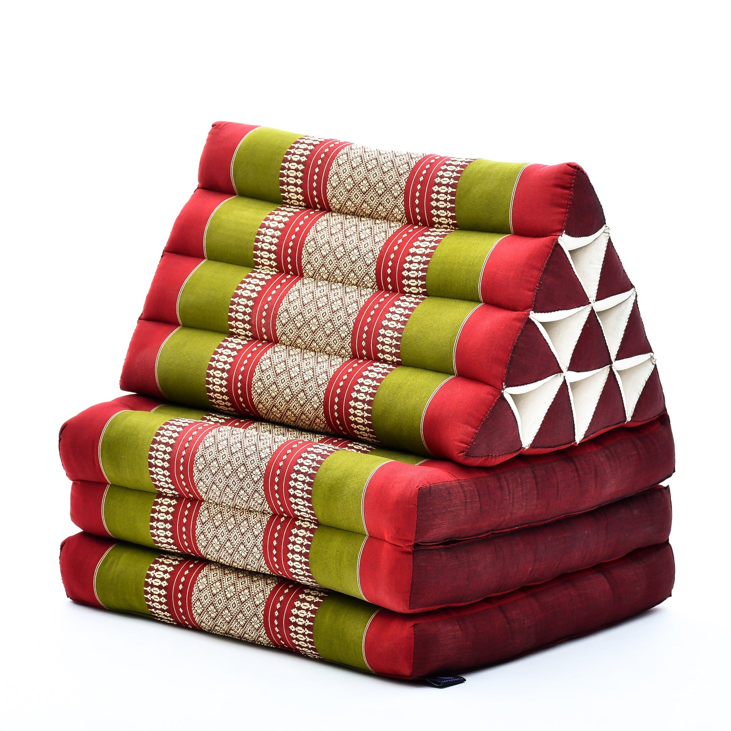 Extra Long Thai Folding Mat with Triangle Cushion – Handmade Kapok Relax Mat with Extended Surface, Sf11 - Red, Green, 3 seating segments