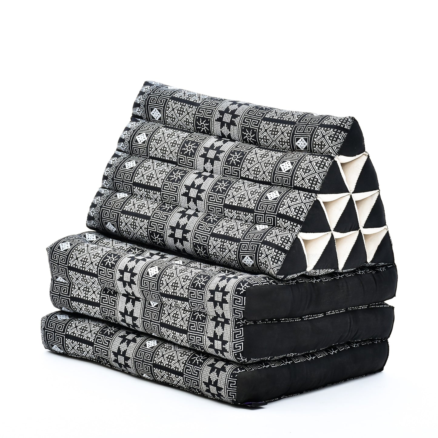 Extra Long Thai Folding Mat with Triangle Cushion – Handmade Kapok Relax Mat with Extended Surface, Cbt4 - Black, 3 seating segments