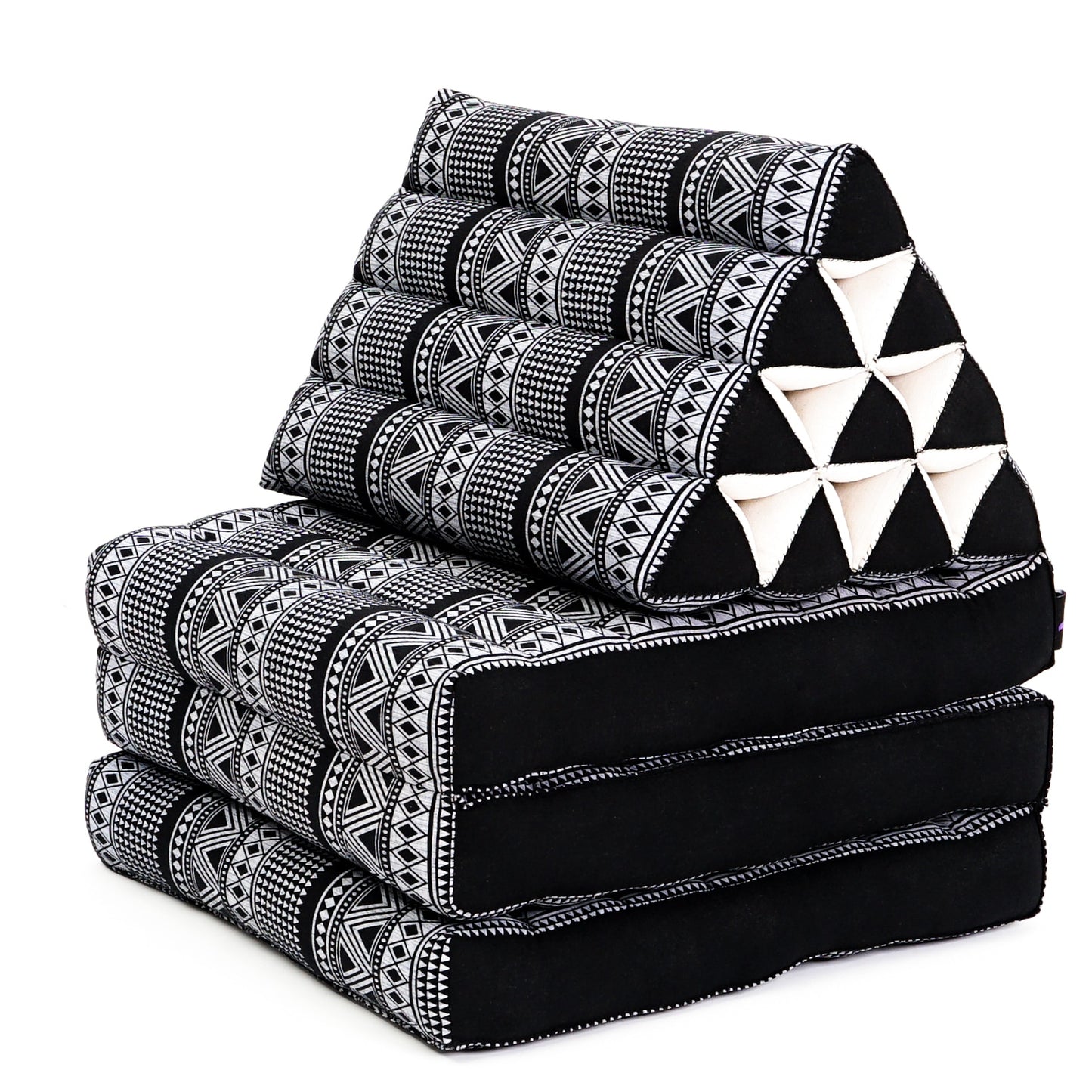 Extra Long Thai Folding Mat with Triangle Cushion – Handmade Kapok Relax Mat with Extended Surface, Cbt3 - Black, 4 seating segments