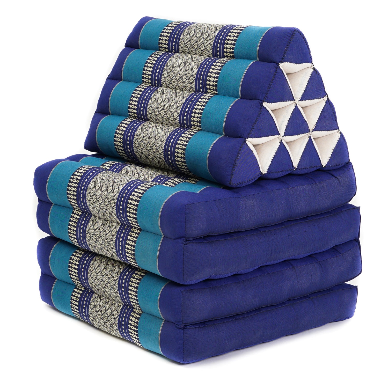 Extra Long Thai Folding Mat with Triangle Cushion – Handmade Kapok Relax Mat with Extended Surface, Sf28 - Blue, 4 seating segments