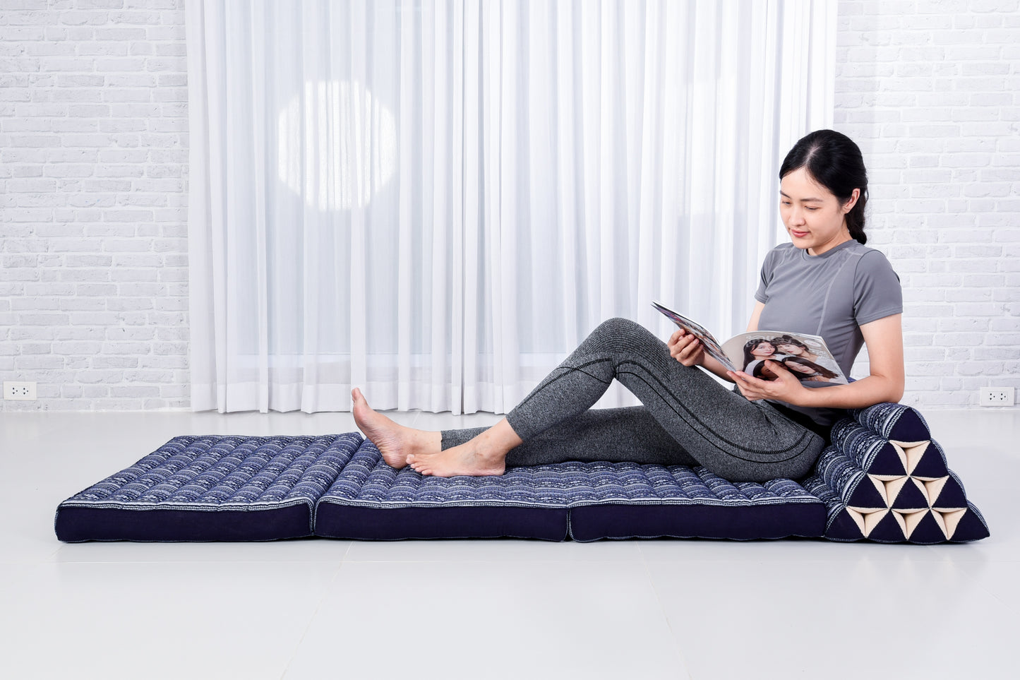 Extra Long Thai Folding Mat with Triangle Cushion – Handmade Kapok Relax Mat with Extended Surface, Cbt2 - Dark Blue, 3 seating segments XL