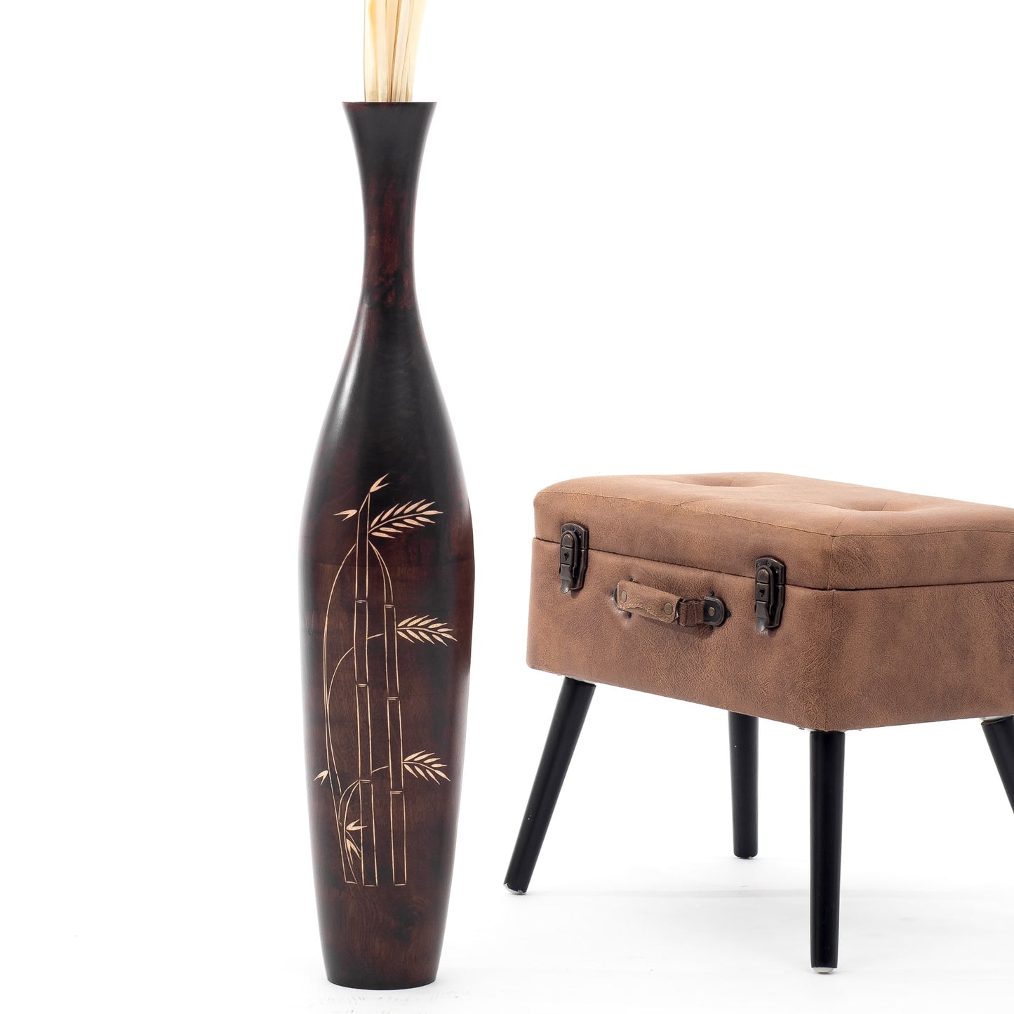Large Mango Wood Floor Vase – Handcrafted Decorative Highlight from Thailand, brown, 34 inches