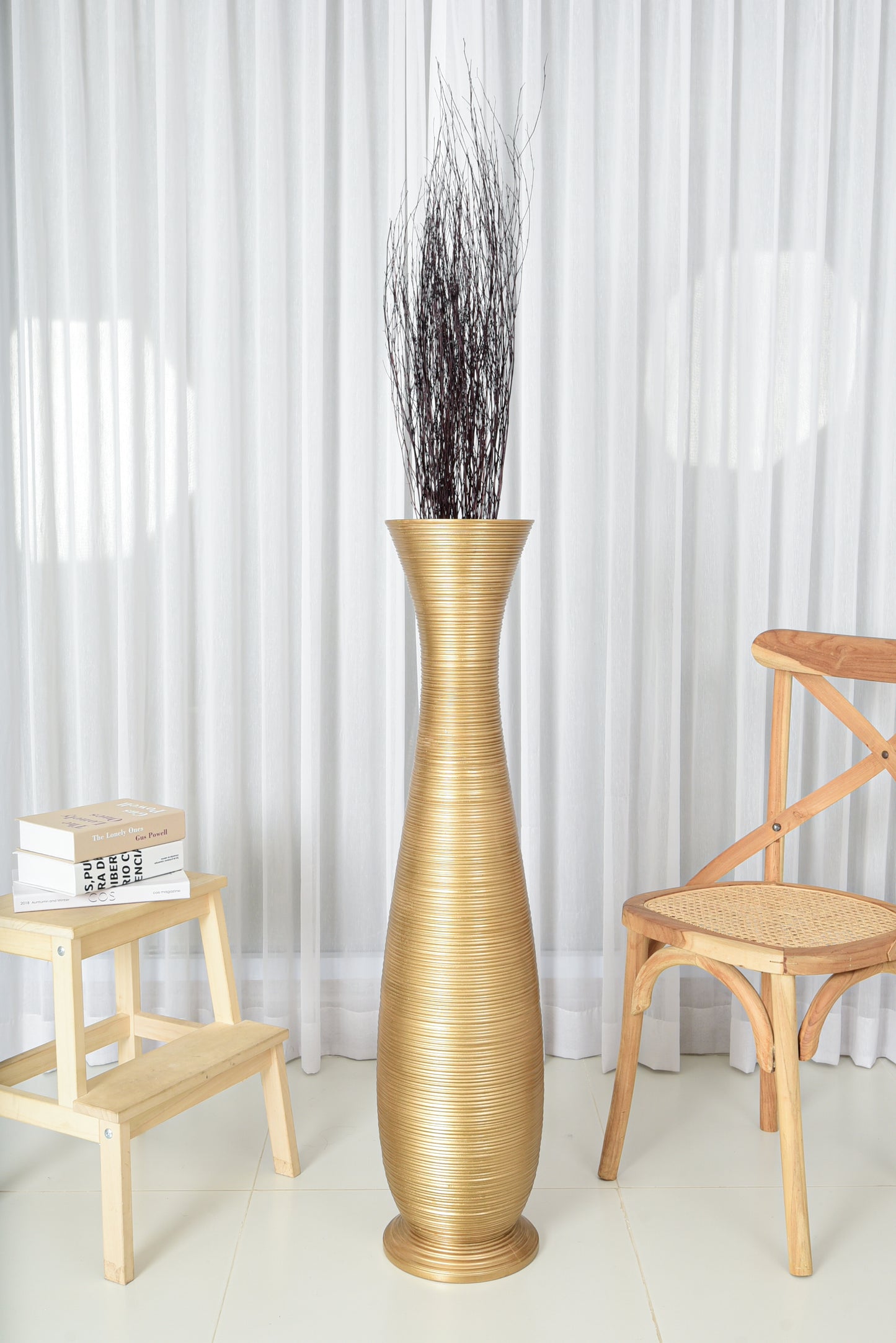 Large Mango Wood Floor Vase – Handcrafted Decorative Highlight from Thailand, gold, 41 inches