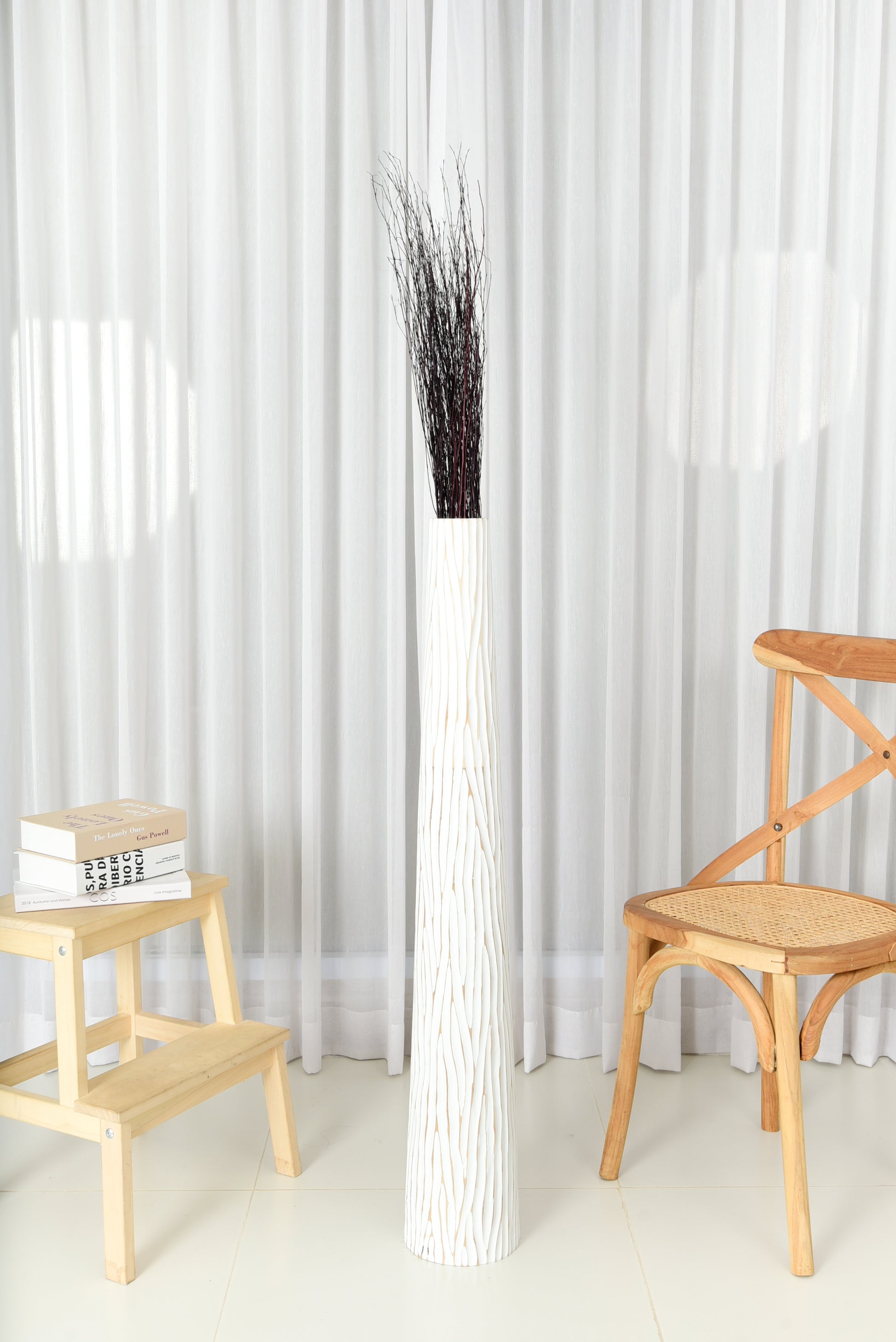 Large Mango Wood Floor Vase – Handcrafted Decorative Highlight from Thailand, white, 41 inches
