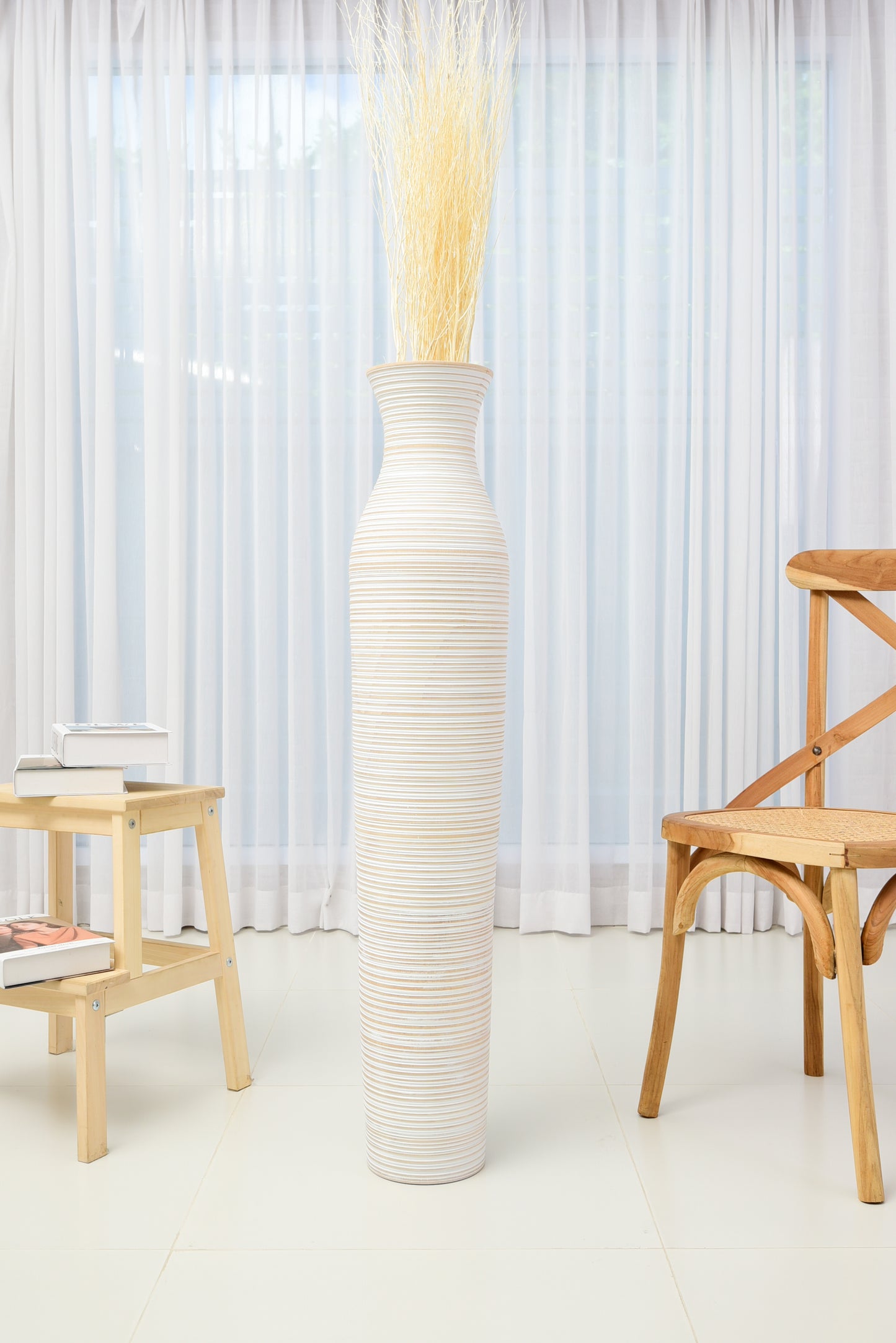 Large Mango Wood Floor Vase – Handcrafted Decorative Highlight from Thailand, white wash, 41 inches