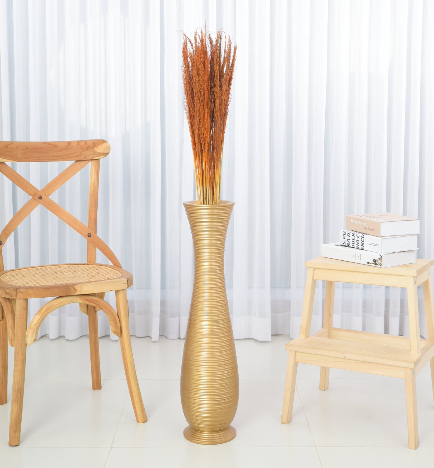 Large Mango Wood Floor Vase – Handcrafted Decorative Highlight from Thailand, gold, 26 inches