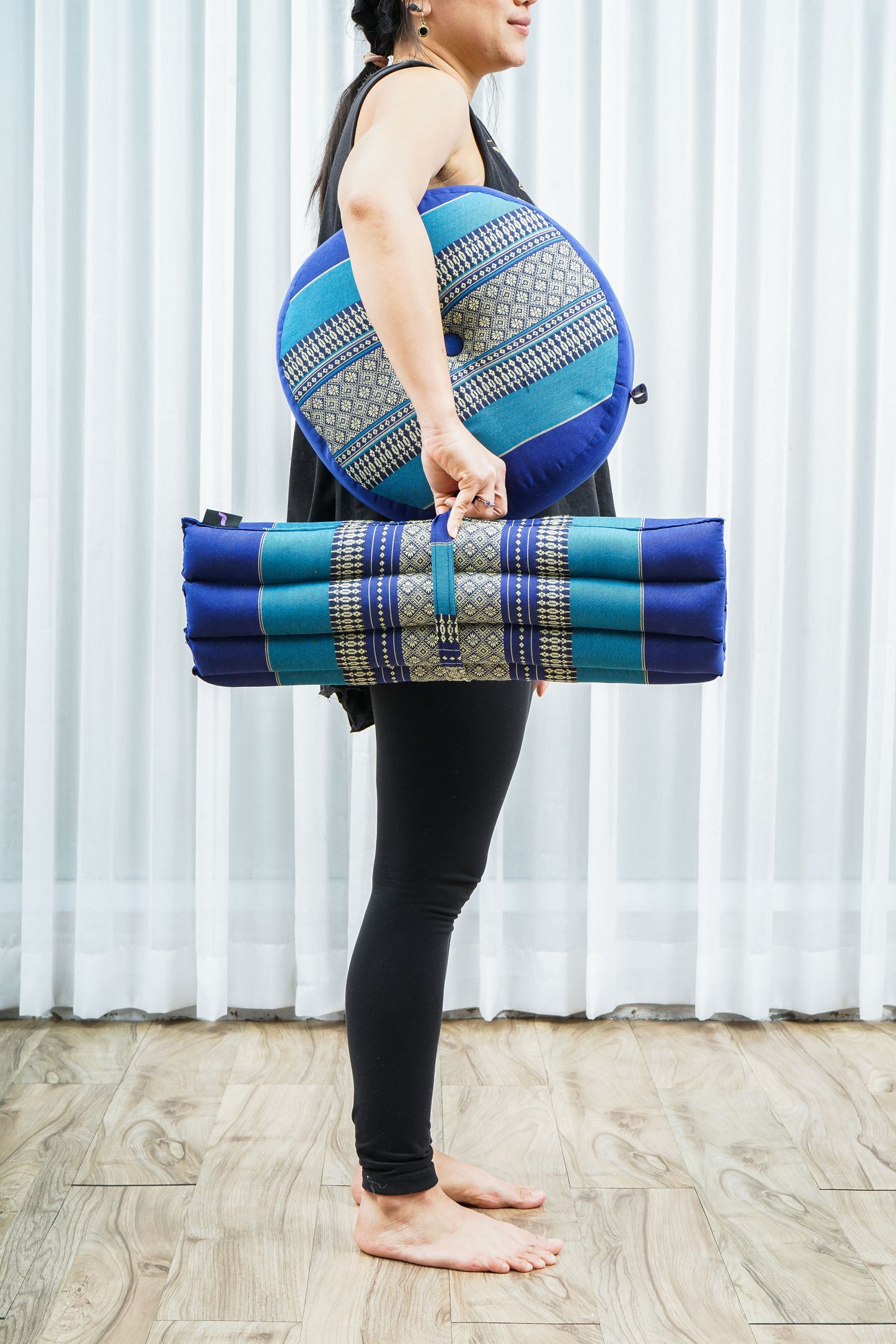 Compact Meditation Cushion Set Made of Kapok – Small Zabuton & Zafu with Cotton Cover, Sf28 - Blue