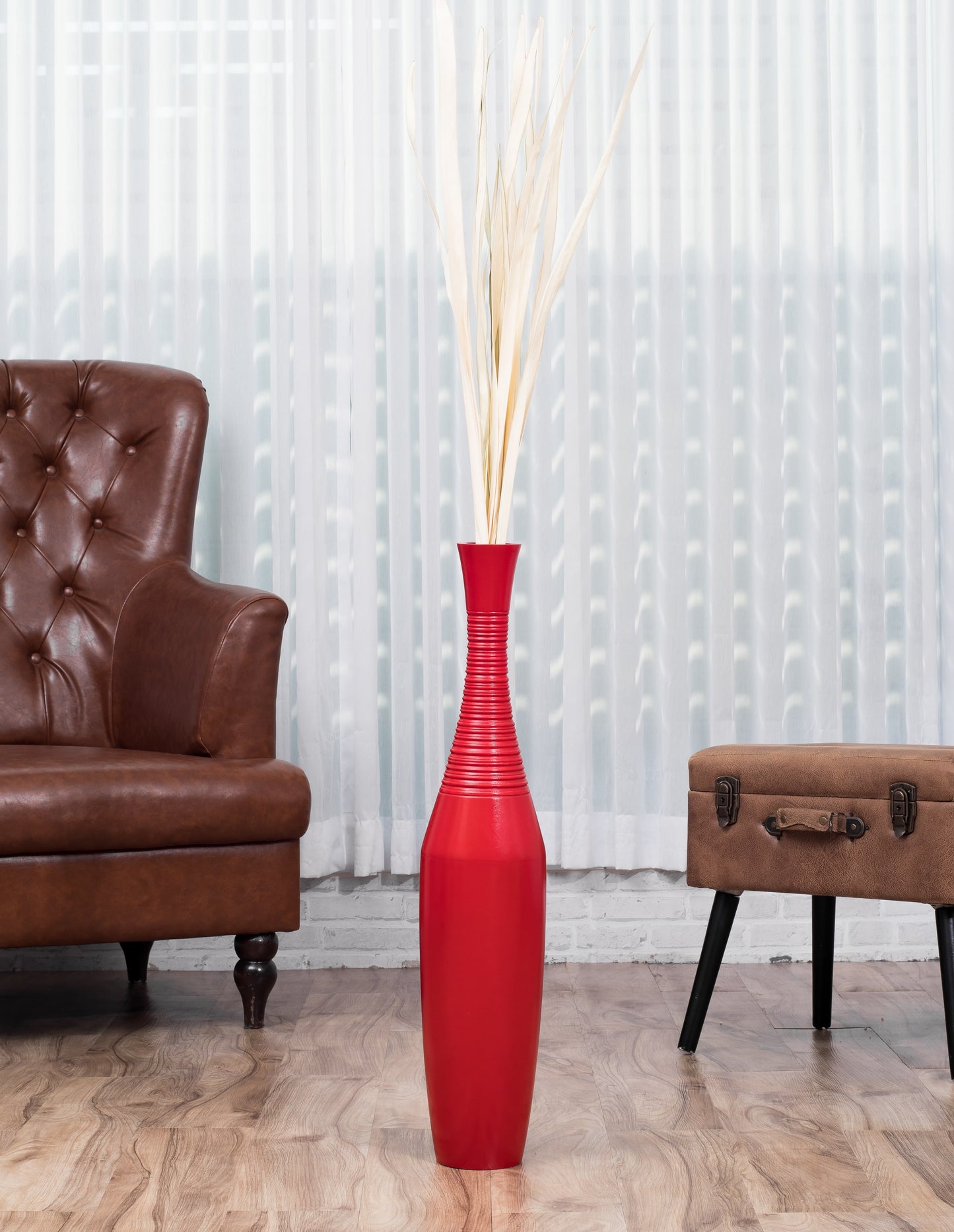 Large Mango Wood Floor Vase – Handcrafted Decorative Highlight from Thailand, red, 26 inches