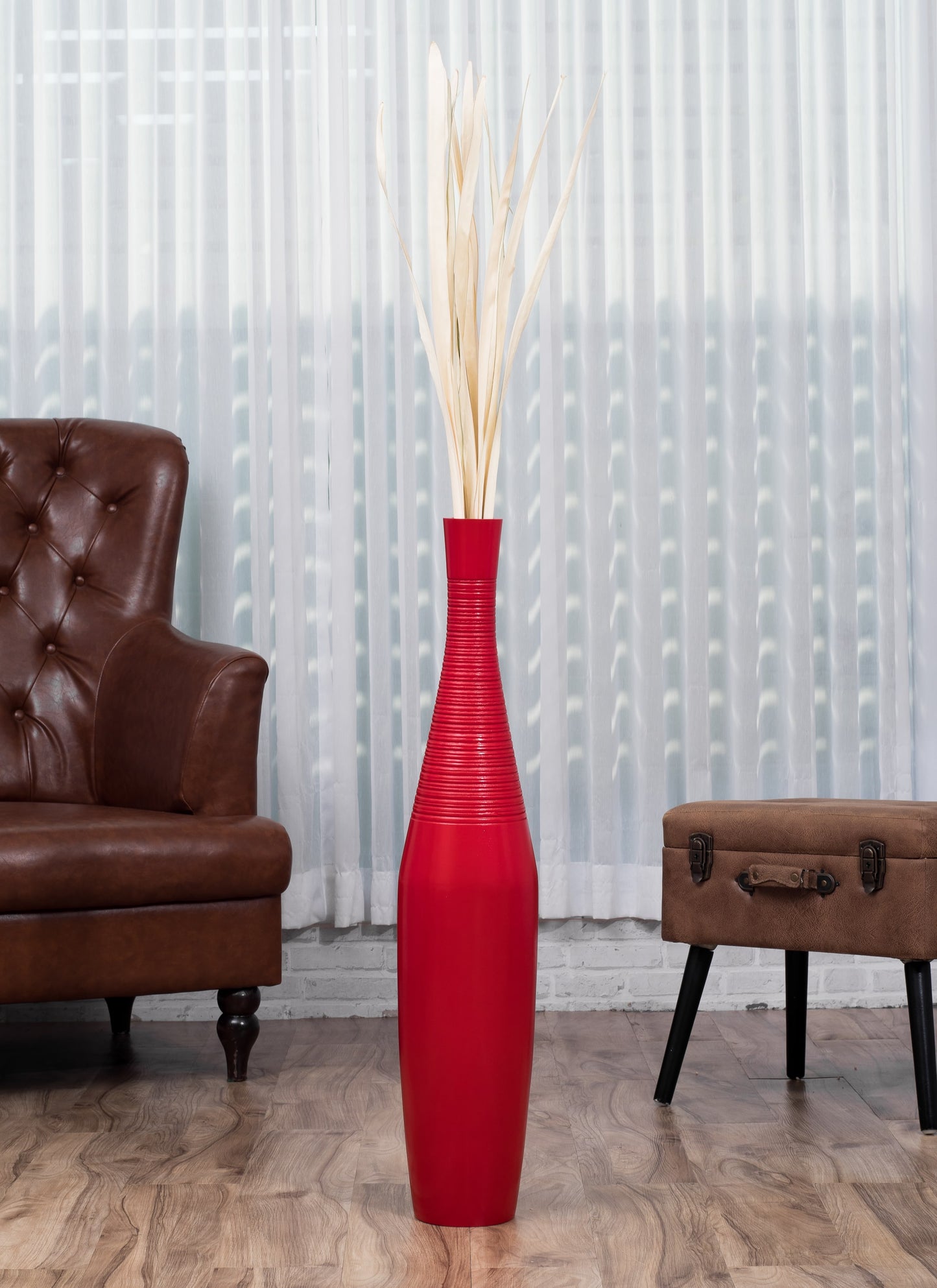 Large Mango Wood Floor Vase – Handcrafted Decorative Highlight from Thailand, red, 34 inches