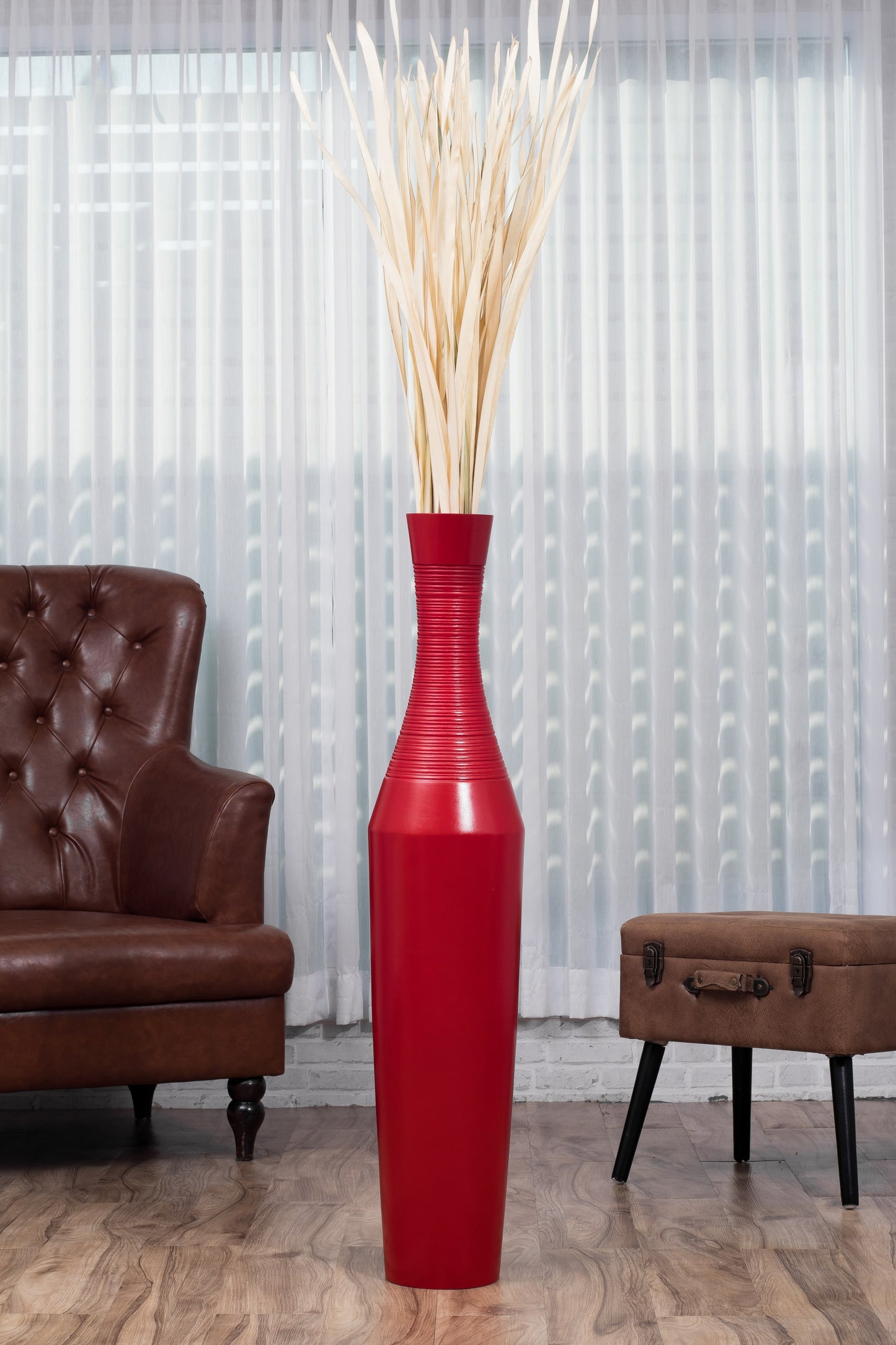Large Mango Wood Floor Vase – Handcrafted Decorative Highlight from Thailand, red, 41 inches