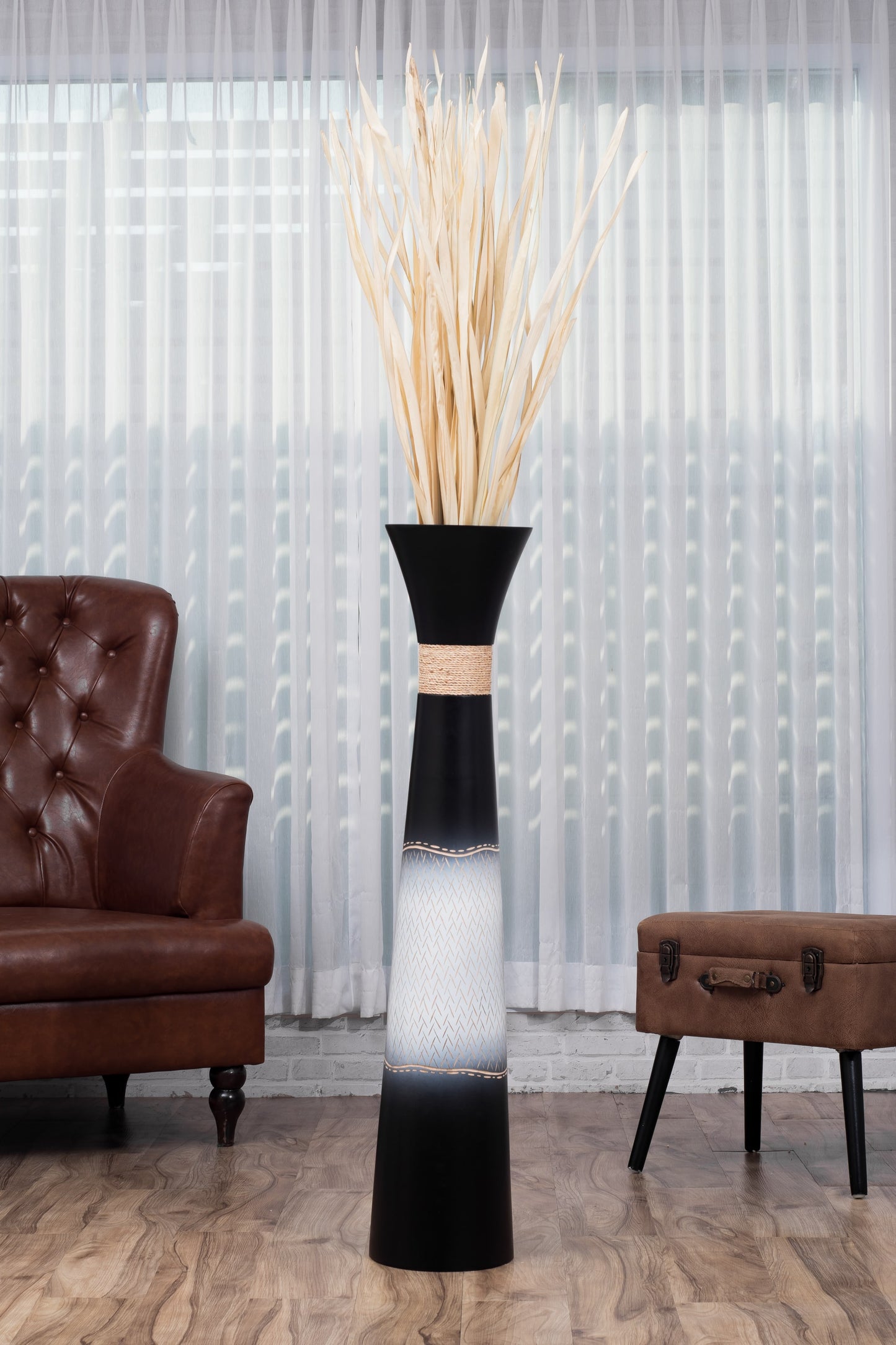Large Mango Wood Floor Vase – Handcrafted Decorative Highlight from Thailand, black, white, 41 inches