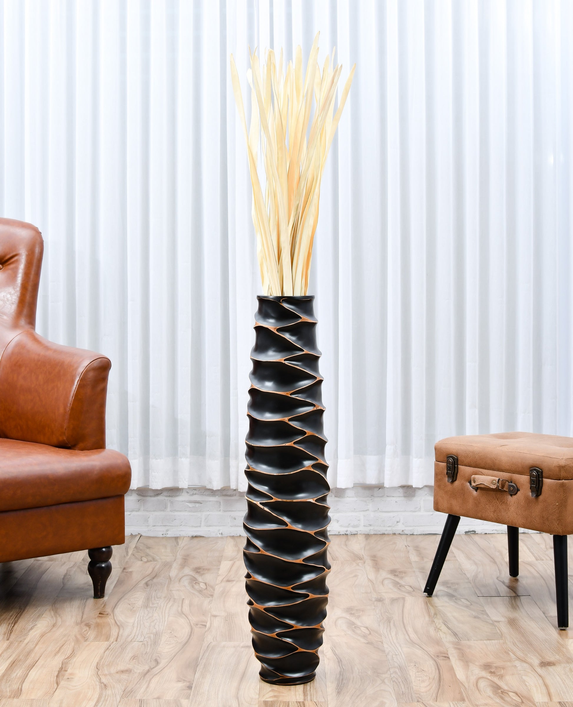 Large Mango Wood Floor Vase – Handcrafted Decorative Highlight from Thailand, black, 34 inches