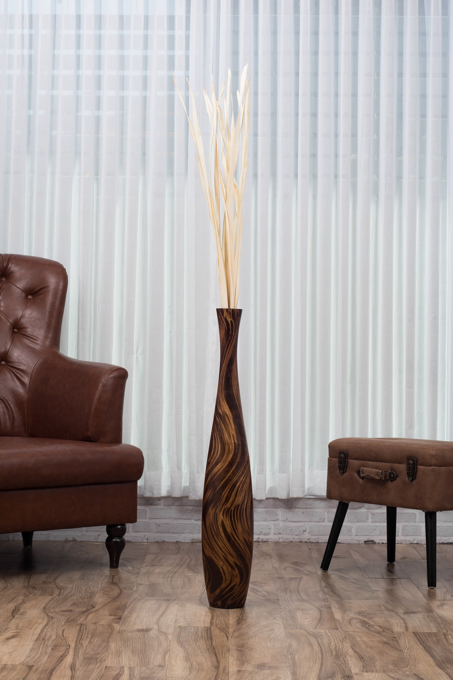 Large Mango Wood Floor Vase – Handcrafted Decorative Highlight from Thailand, brown, light brown, 34 inches
