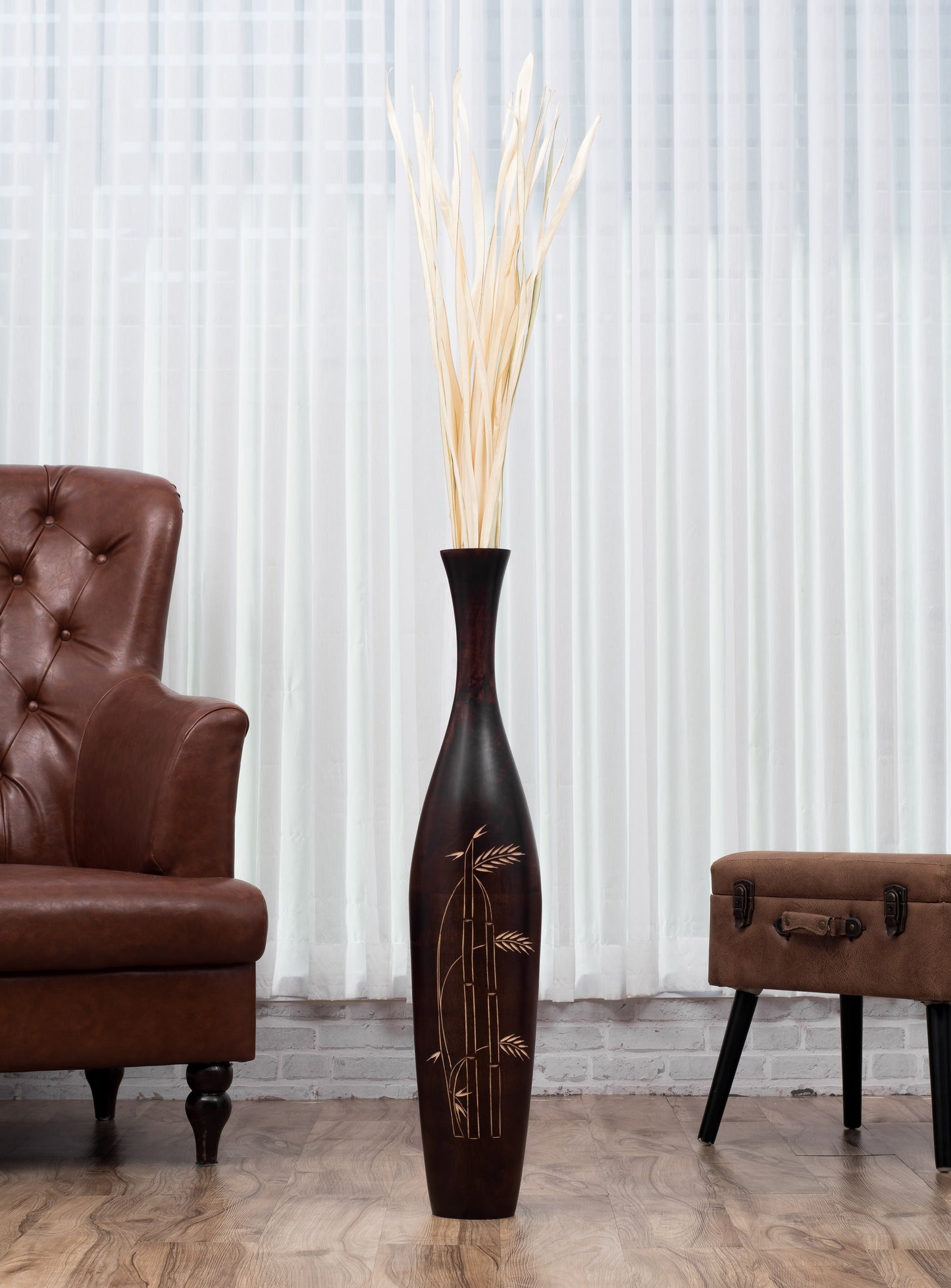 Large Mango Wood Floor Vase – Handcrafted Decorative Highlight from Thailand, brown, 34 inches