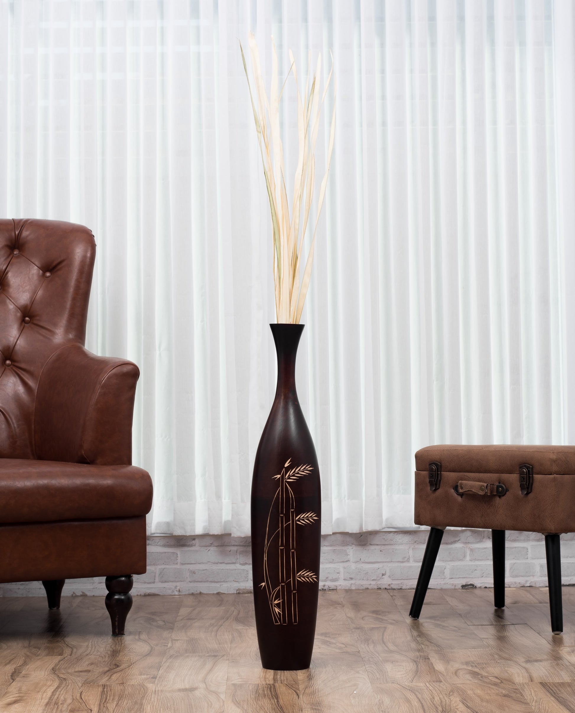 Large Mango Wood Floor Vase – Handcrafted Decorative Highlight from Thailand, brown, 26 inches
