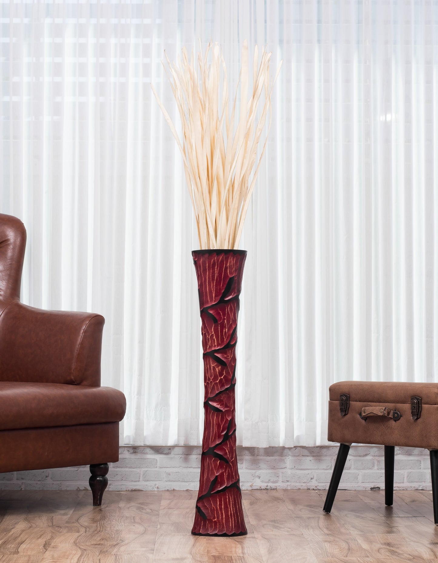 Large Mango Wood Floor Vase – Handcrafted Decorative Highlight from Thailand, red, black, 34 inches