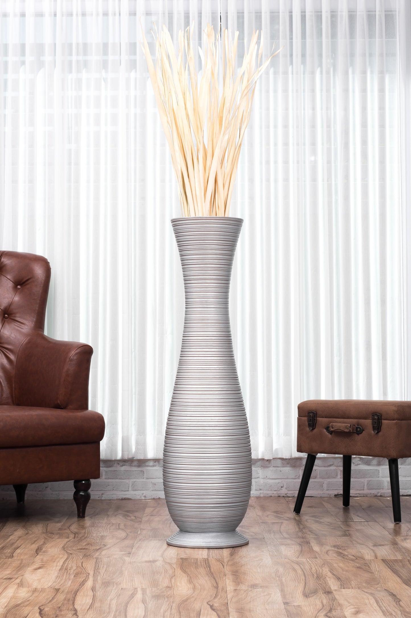 Large Mango Wood Floor Vase – Handcrafted Decorative Highlight from Thailand, silver, 41 inches