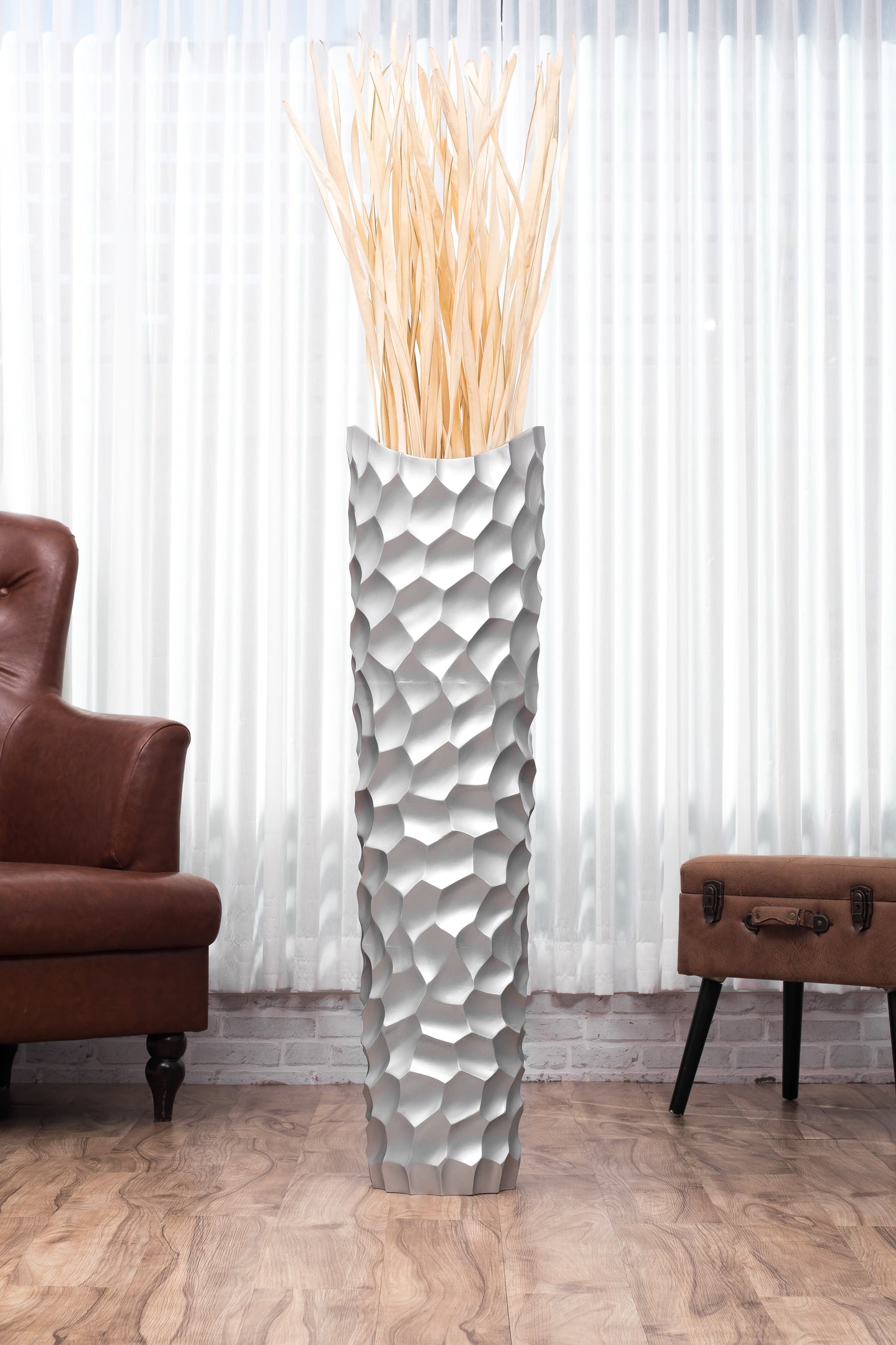 Large Mango Wood Floor Vase – Handcrafted Decorative Highlight from Thailand, silver, 41 inches