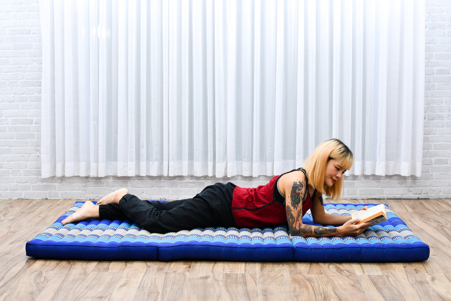 Kapok Folding Mattress – Thick Cotton Padded Guest Bed for Home, Sleeping & Mindfulness Corner, Sf28 - Blue, L: 79x39