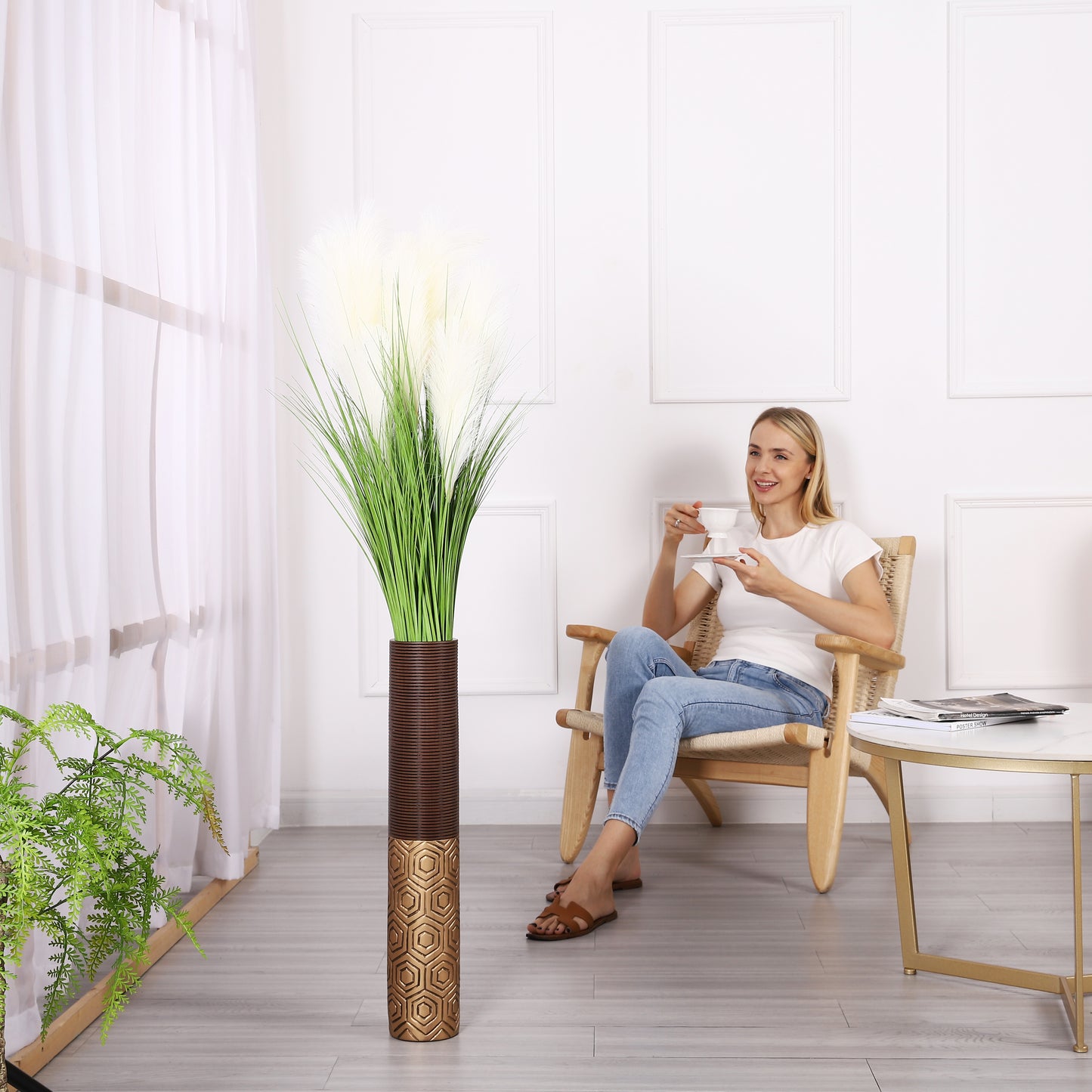 Large Resin Floor Vase – Stylish Waterproof Vase for Fresh & Dried Flowers, brown, gold, 26 inches