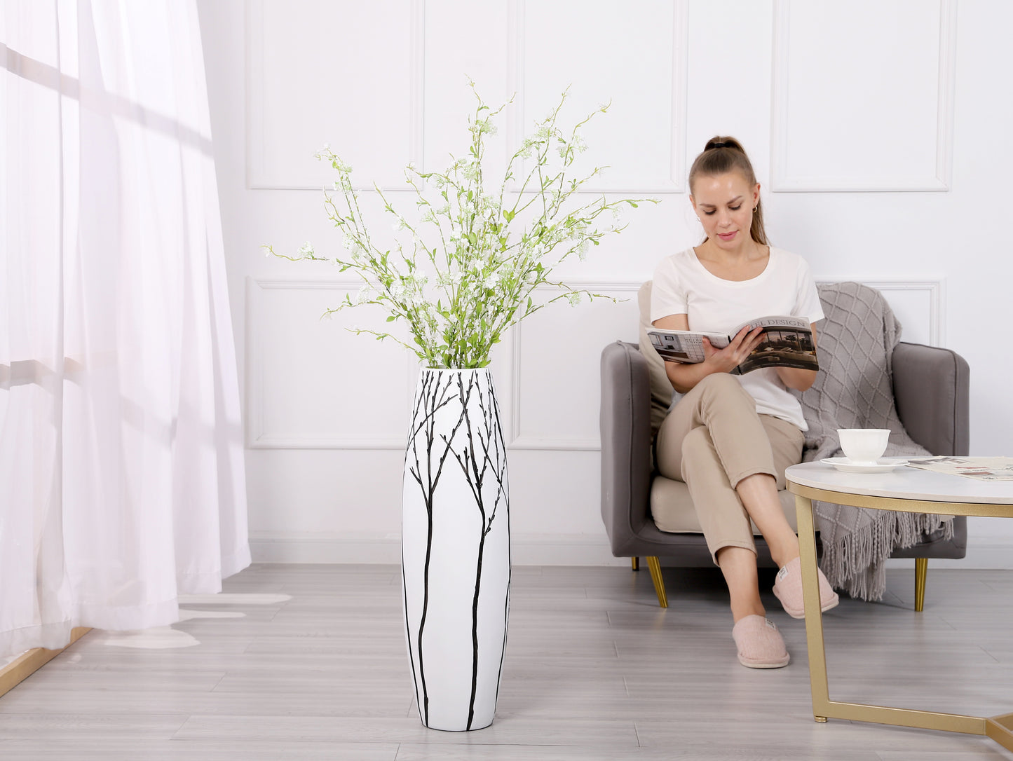 Large Resin Floor Vase – Stylish Waterproof Vase for Fresh & Dried Flowers, white, 26 inches