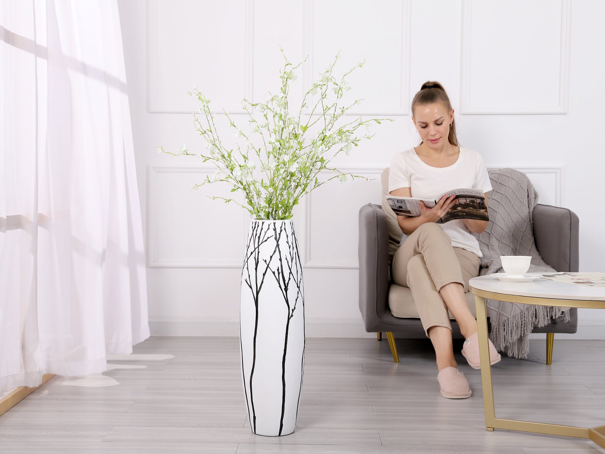 Large Resin Floor Vase – Stylish Waterproof Vase for Fresh & Dried Flowers, white, 26 inches