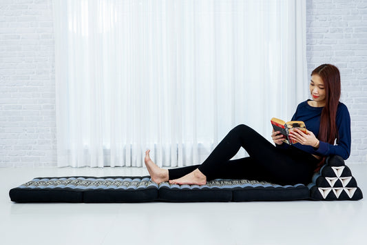 Extra Long Thai Folding Mat with Triangle Cushion – Handmade Kapok Relax Mat with Extended Surface, Sf15 - Blue, 4 seating segments