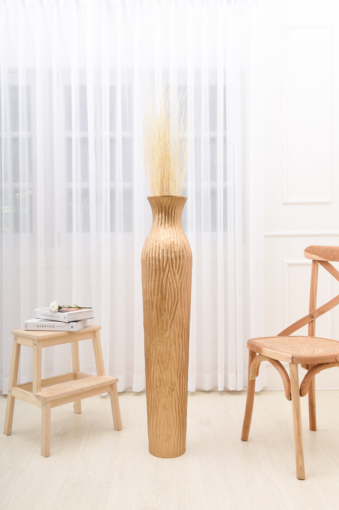 Large Mango Wood Floor Vase – Handcrafted Decorative Highlight from Thailand, gold, 41 inches