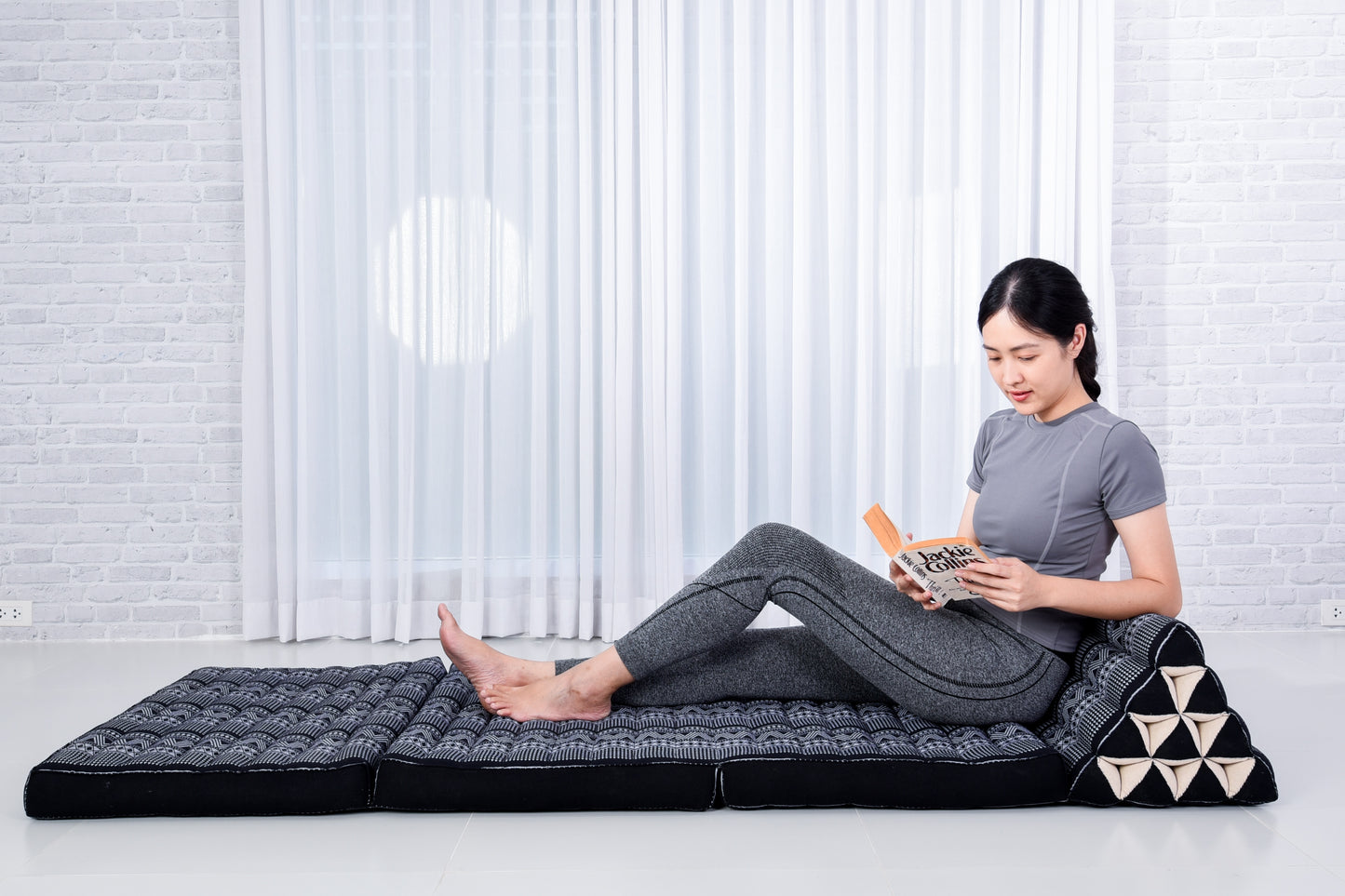 Extra Long Thai Folding Mat with Triangle Cushion – Handmade Kapok Relax Mat with Extended Surface, Cbt3 - Black, 3 seating segments XL
