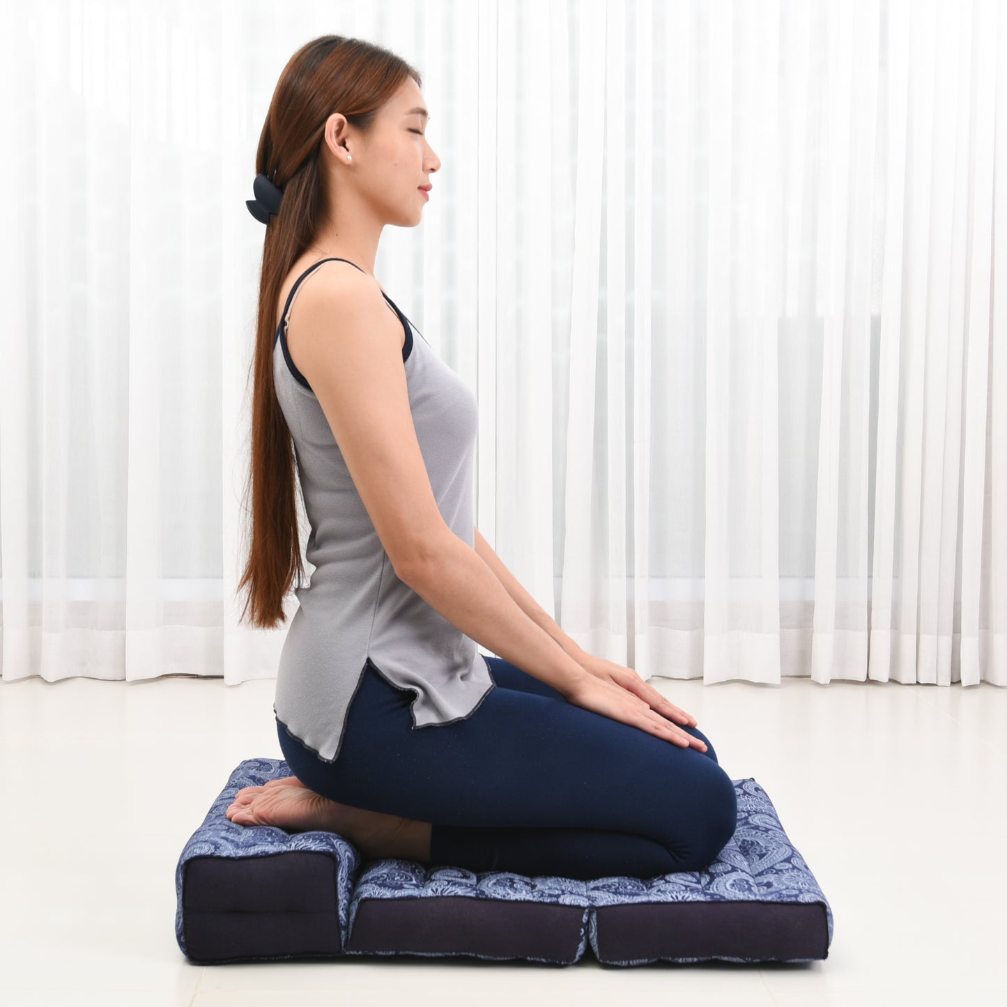 Foldable Meditation Cushion – Compact Kapok Seat with Foot Pad and Cotton Cover in Solid Colors or Thai Pattern, Cbt1 - Blue