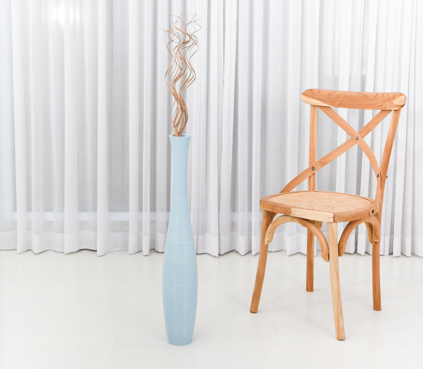 Large Mango Wood Floor Vase – Handcrafted Decorative Highlight from Thailand, light blue, 26 inches