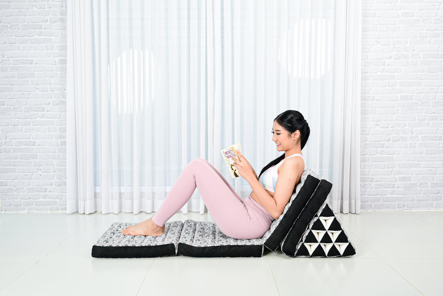 Extra Long Thai Folding Mat with Triangle Cushion – Handmade Kapok Relax Mat with Extended Surface, El2 - Black, 4 seating segments