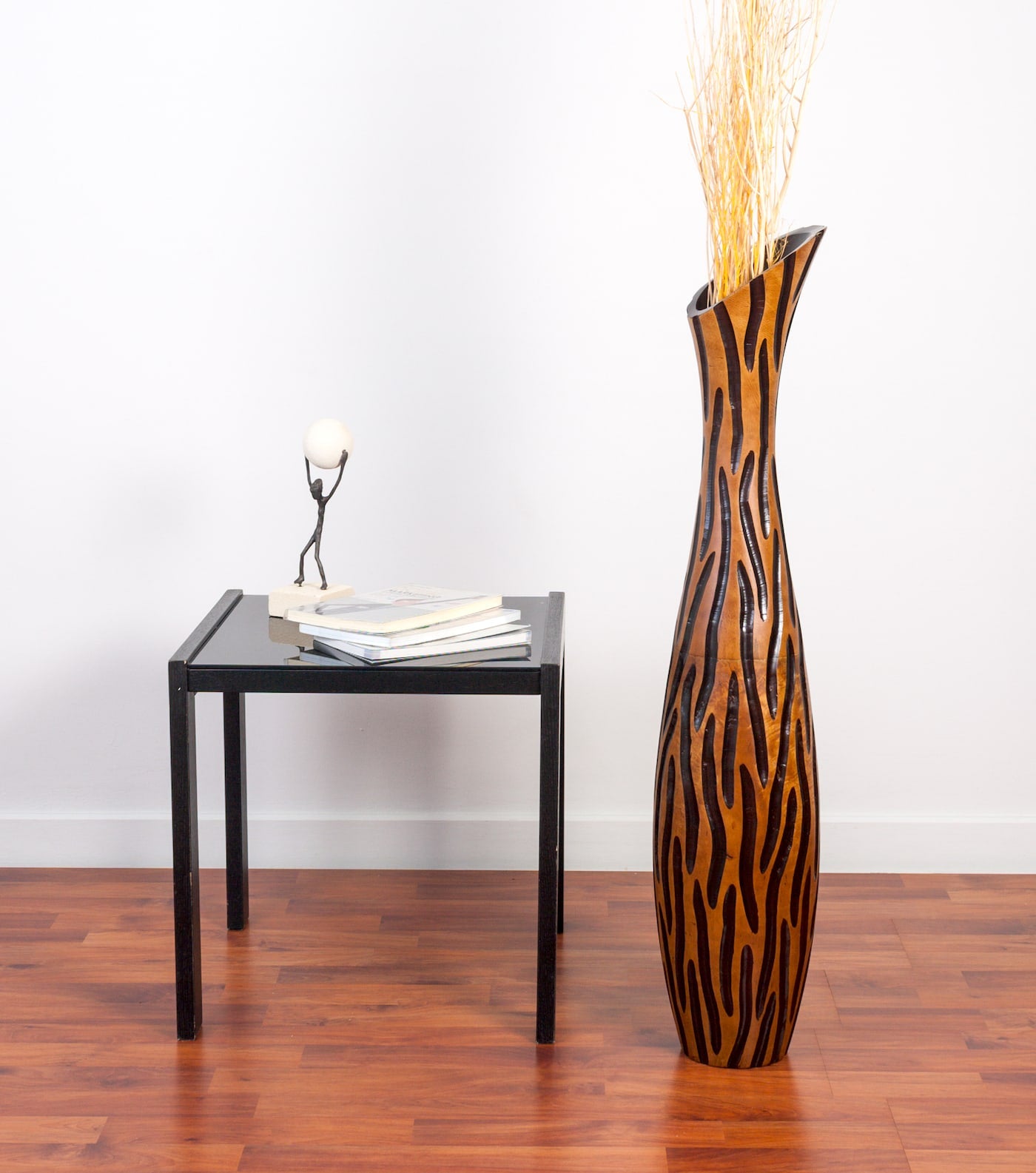 Large Mango Wood Floor Vase – Handcrafted Decorative Highlight from Thailand, brown, black, 34 inches