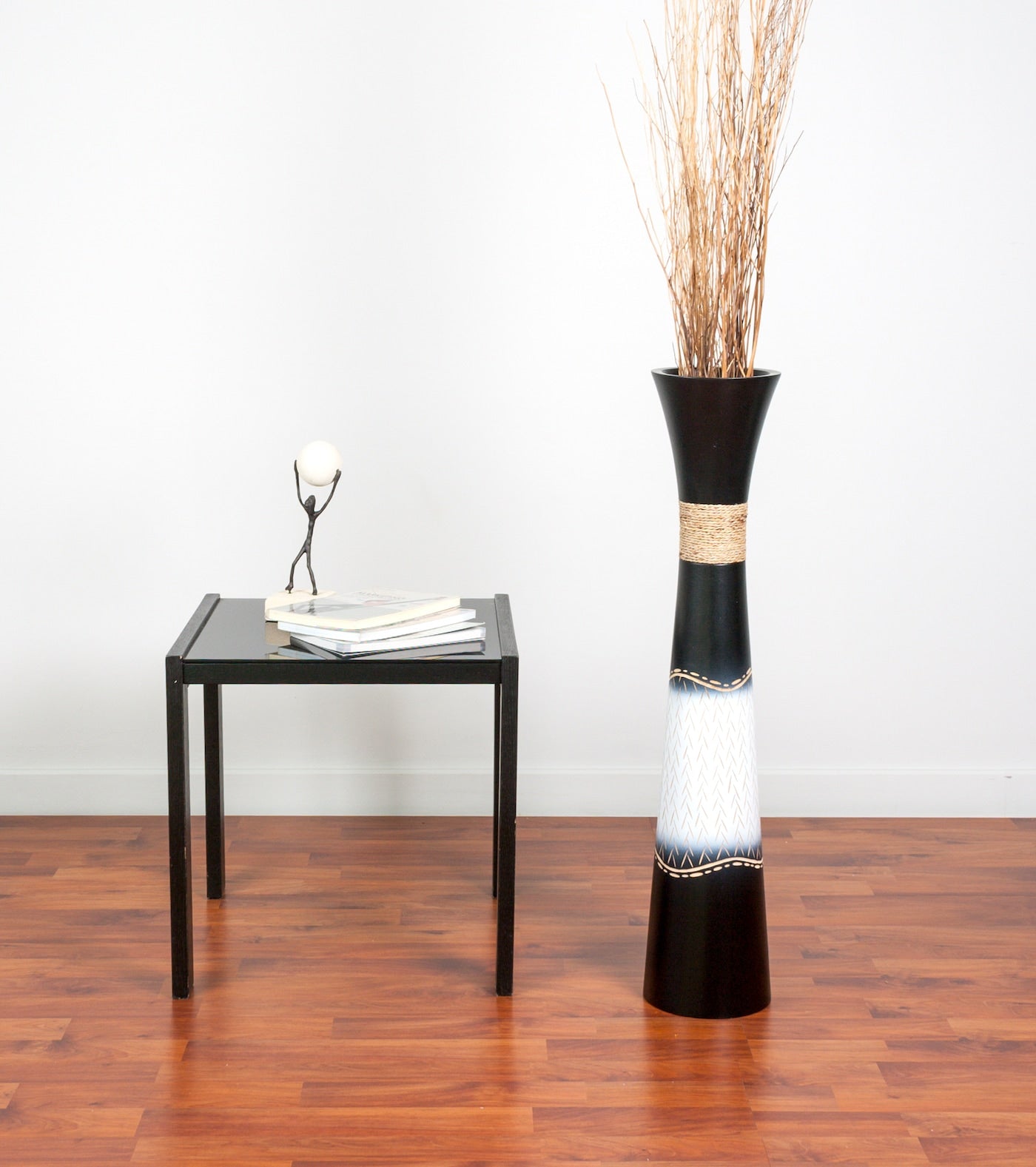 Large Mango Wood Floor Vase – Handcrafted Decorative Highlight from Thailand, black, white, 26 inches