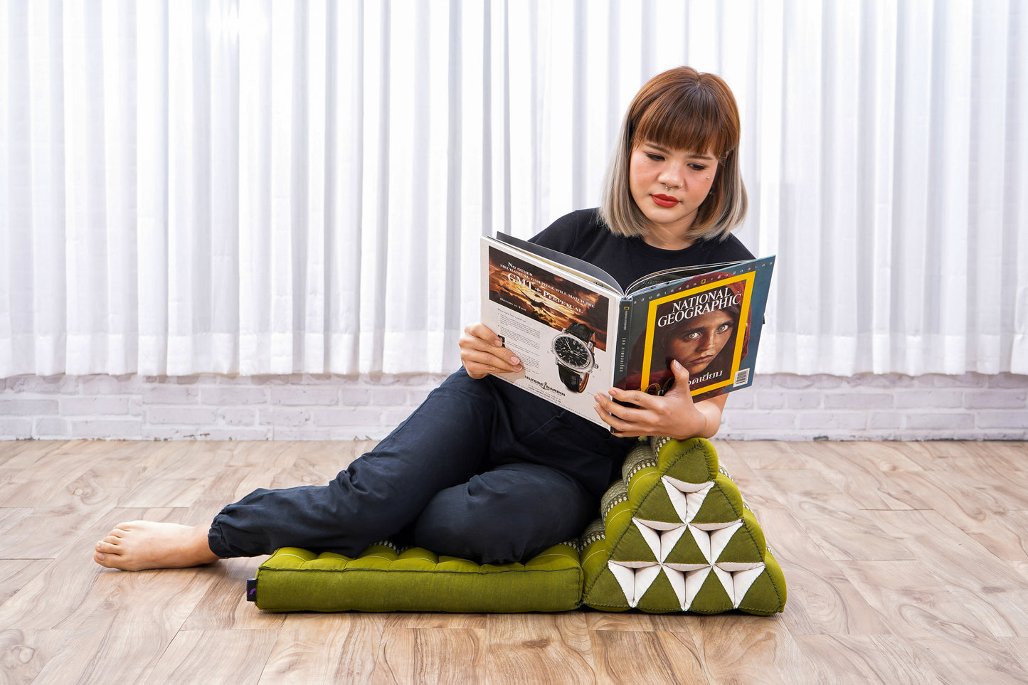 Triangular Kapok Backrest Cushion – Firm Thai Reading Pillow with Cotton Cover in Plain or Patterned Designs, Sf17 - Green, 1 seating segment