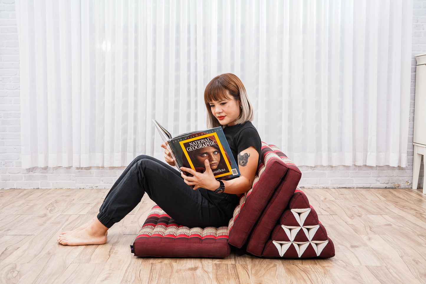 Extra Long Thai Folding Mat with Triangle Cushion – Handmade Kapok Relax Mat with Extended Surface, Sf24 - Red, Brown, 3 seating segments XL