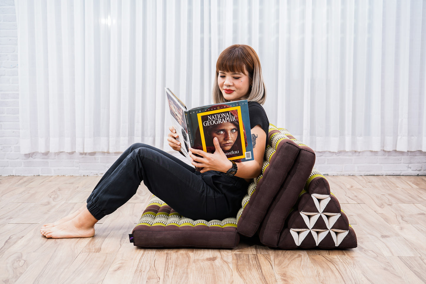 Extra Long Thai Folding Mat with Triangle Cushion – Handmade Kapok Relax Mat with Extended Surface, Sf20 - Brown, Green, 3 seating segments XL