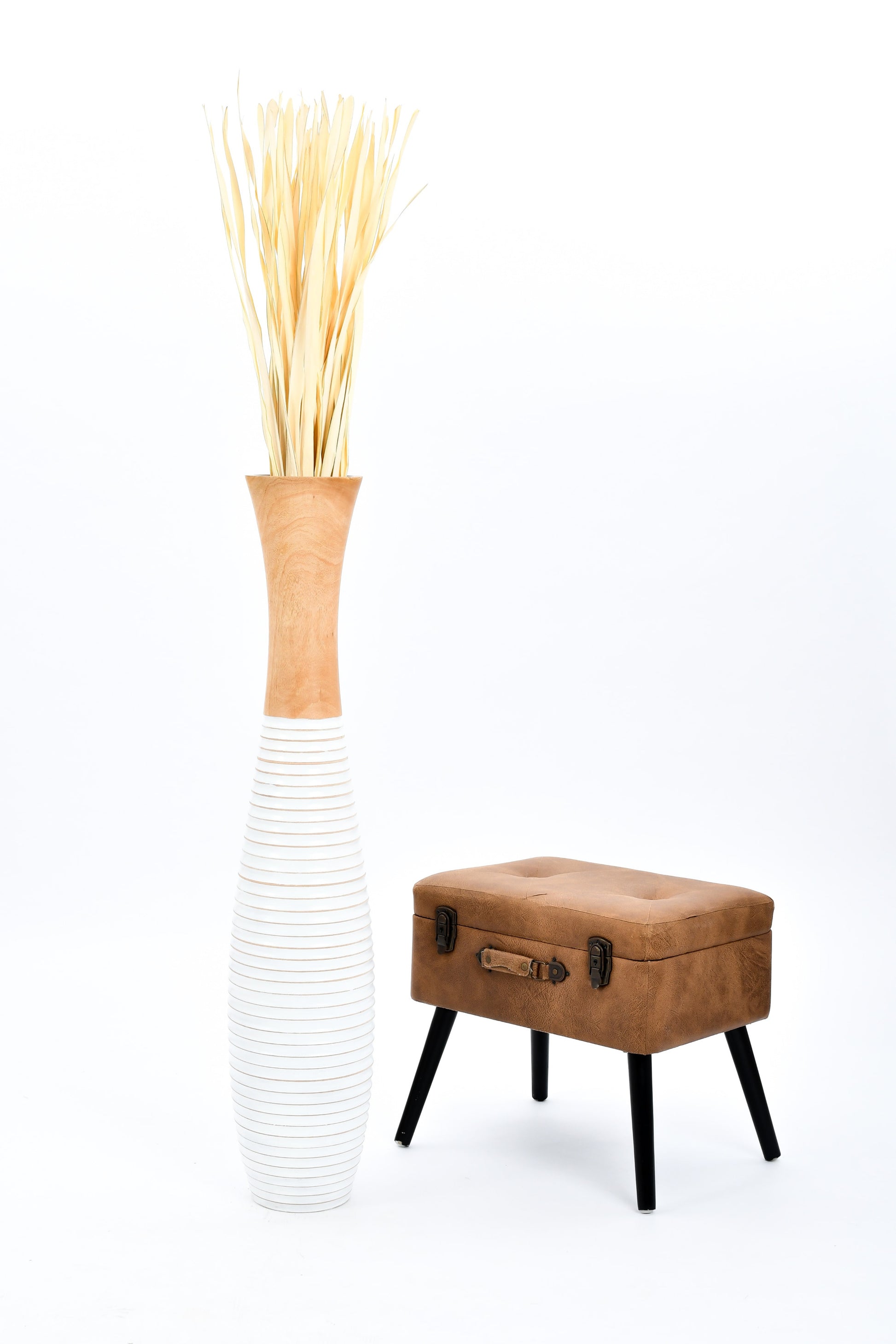 Large Mango Wood Floor Vase – Handcrafted Decorative Highlight from Thailand, white, ecru, 41 inches