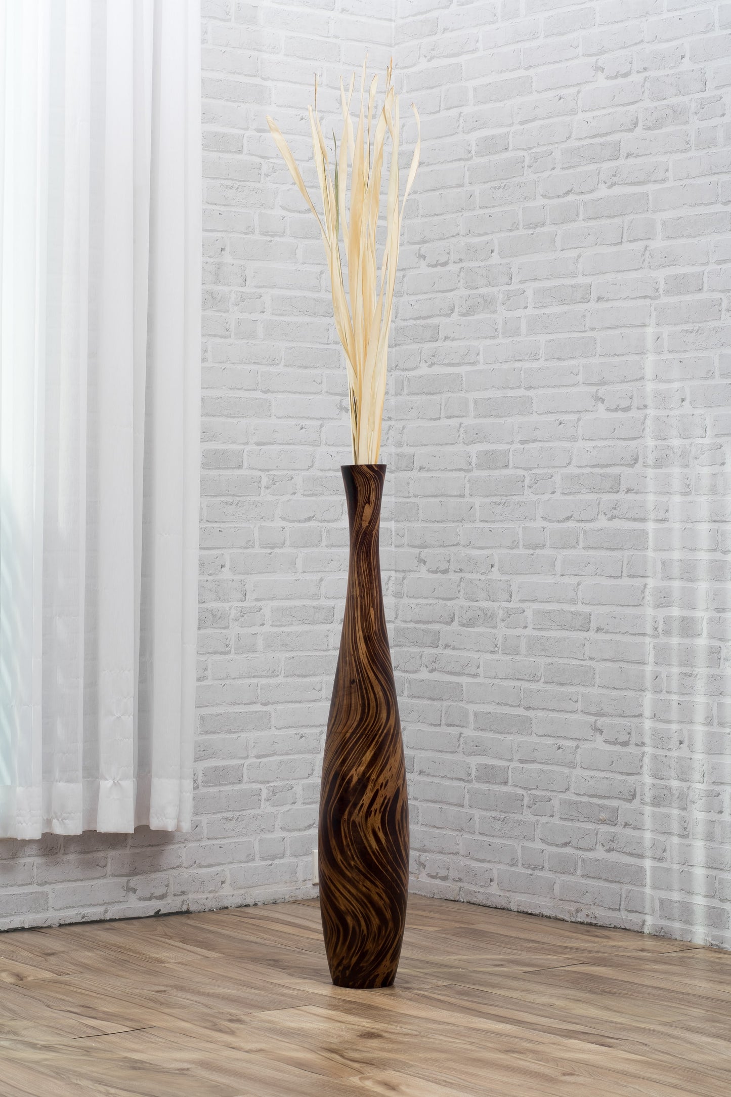 Large Mango Wood Floor Vase – Handcrafted Decorative Highlight from Thailand, brown, light brown, 34 inches